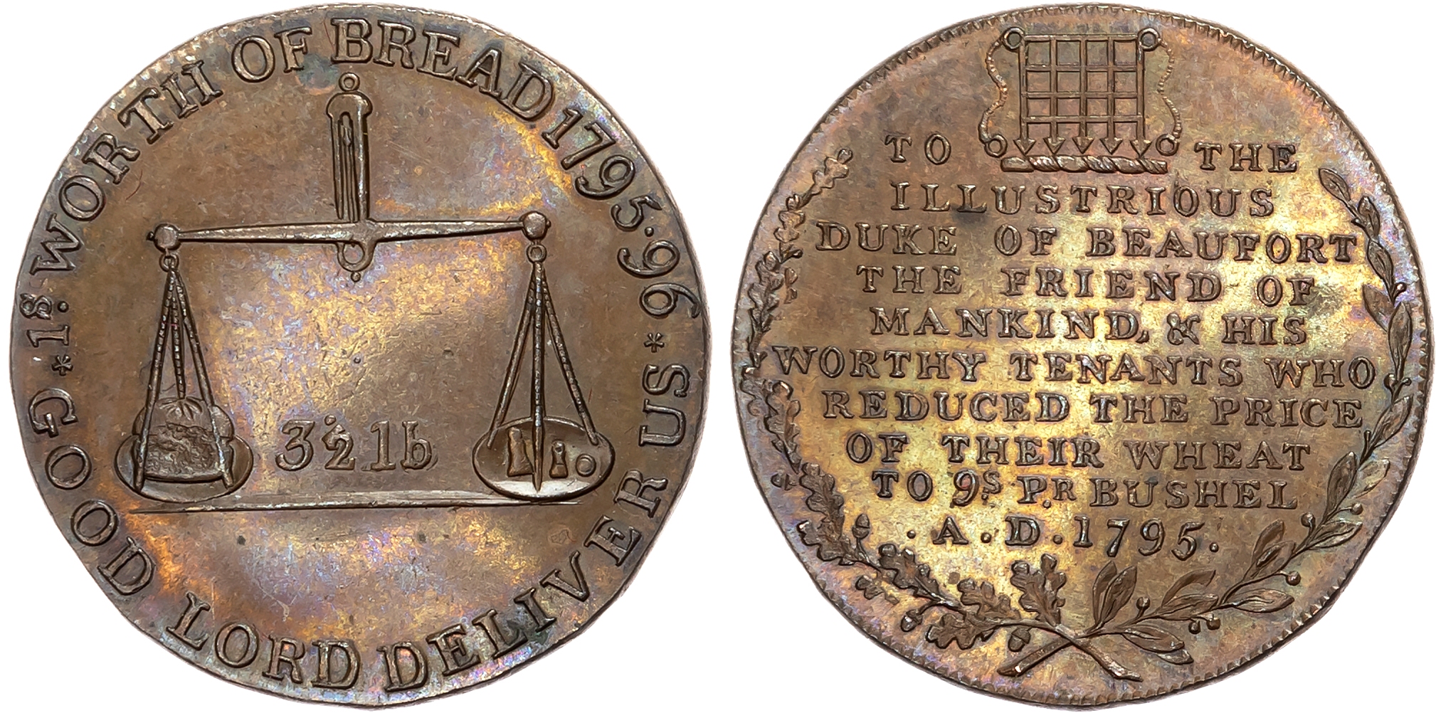 Glos. Badminton, Jelly & Arnott Halfpenny, Wheatsheaf, rev . Pair of scales 6½1b, edge plain, 29.5mm/9.24gm. (DH 48).  A …