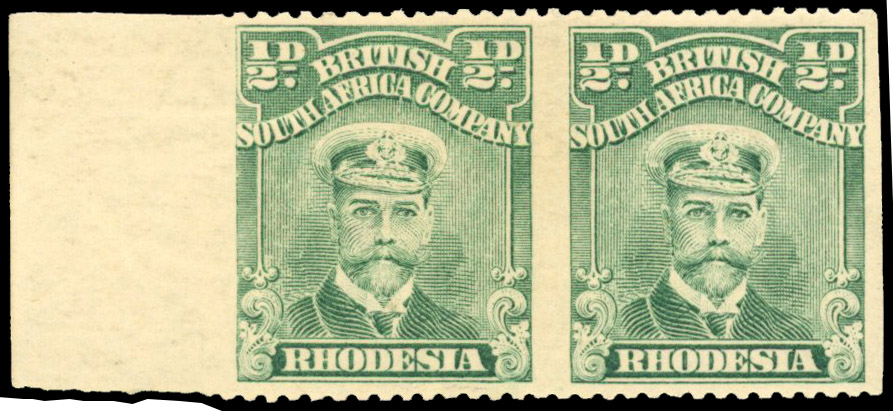 Rhodesia 1913-19 ½d dull yellowish green horizontal pair error Imperf vertically