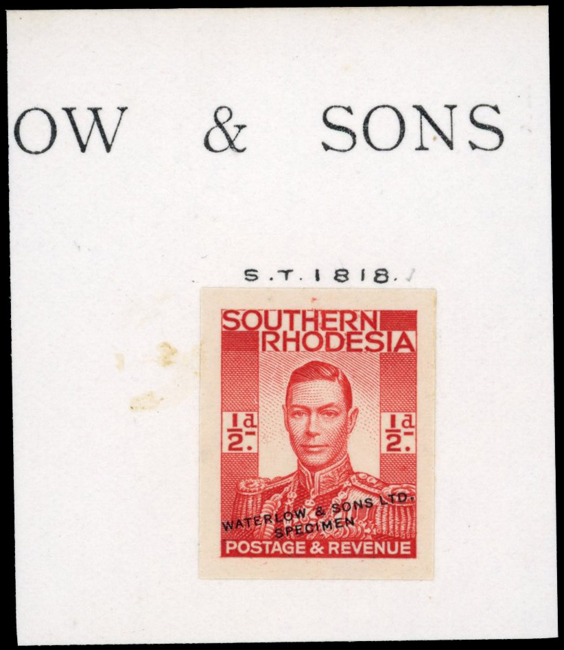 Southern Rhodesia SG 40 1937 ½d printer's sample stamp in red