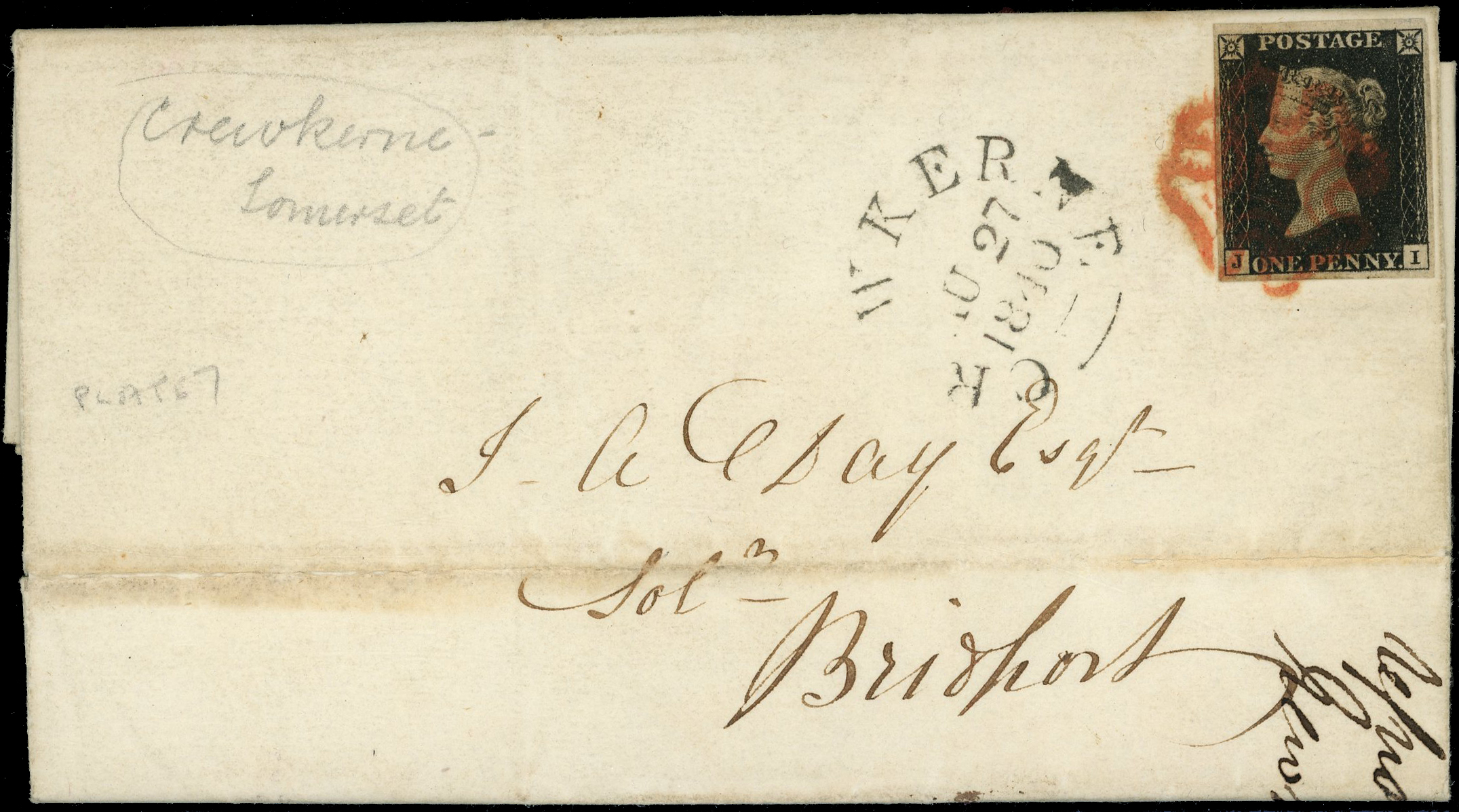 1840 1d black, plate 7 (JI) four clear margins, on entire to Bristol, tied by red MC with circular Crewkerne “JU 27/1840”