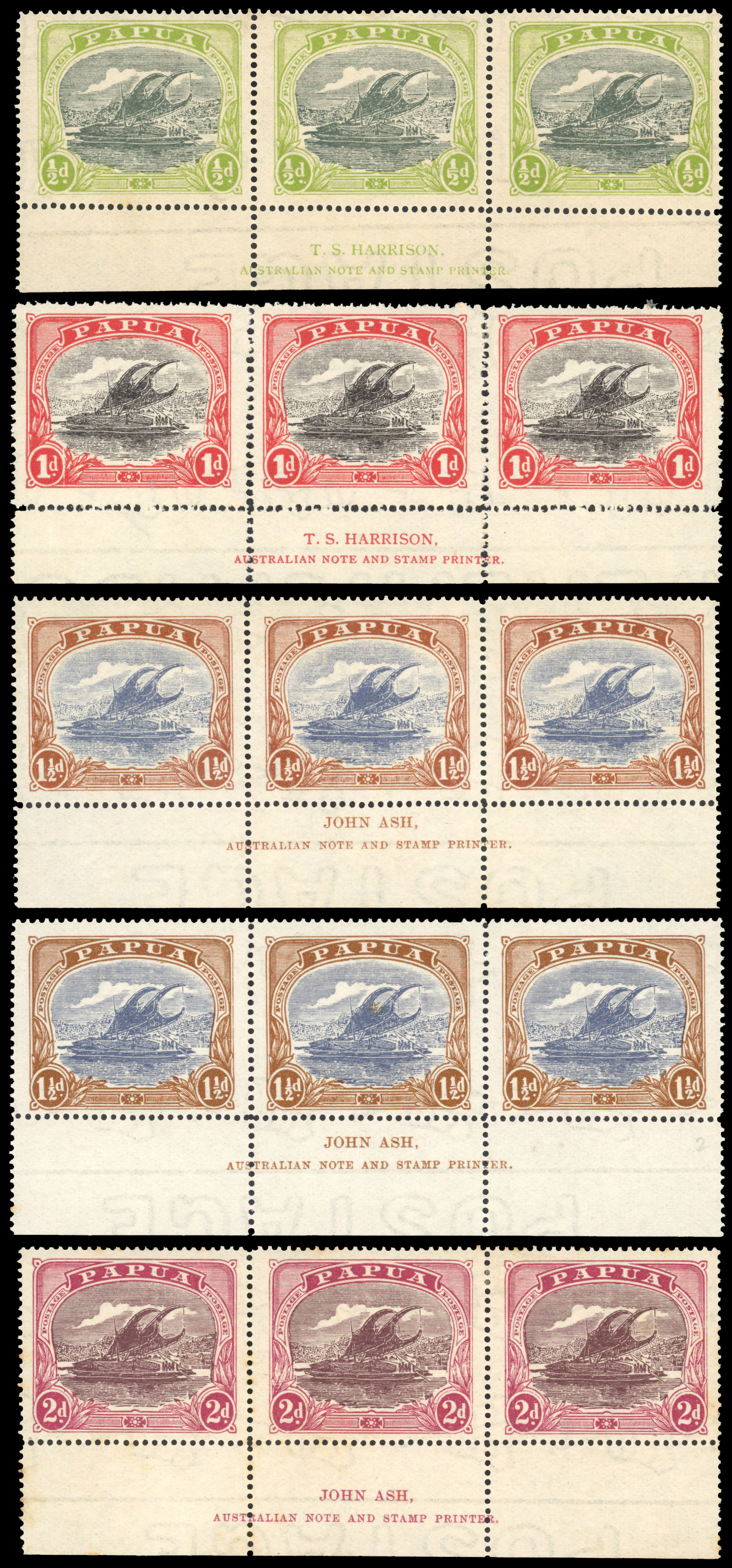 Papua 1916-31 ½d to 10s imprint strips of 3