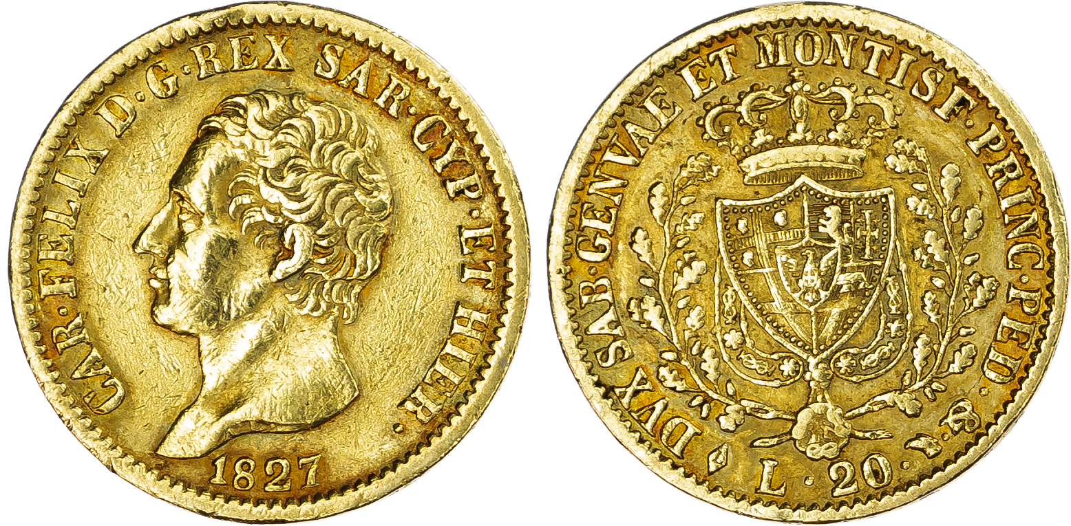 Italy, Sardinia. Carlo Felice AU 20 Lire. 1827L.