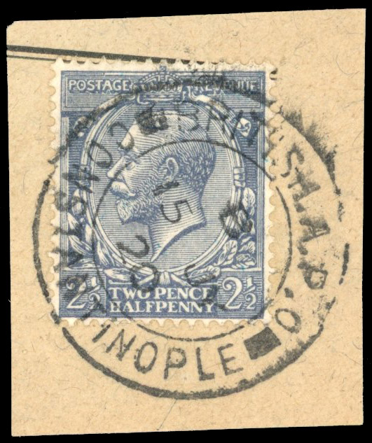 GB 1912-24 2½d dull Prussian blue used on small piece tied by 'British P.O. Constantinople'