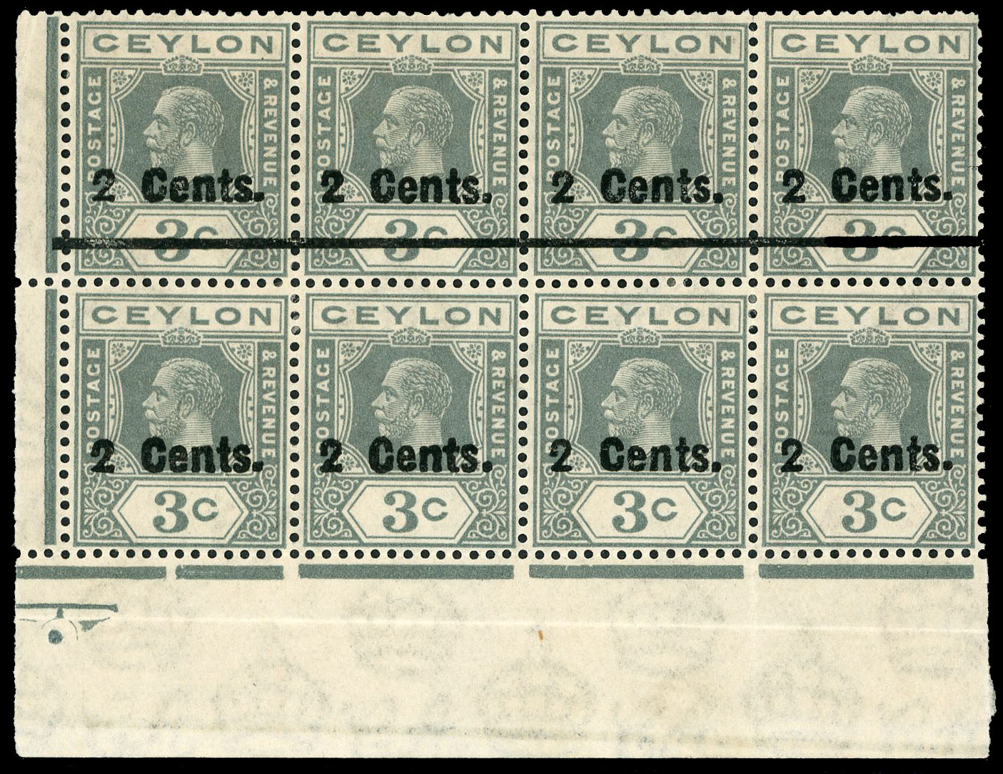 Ceylon SG 361b in block of eight with bars omitted