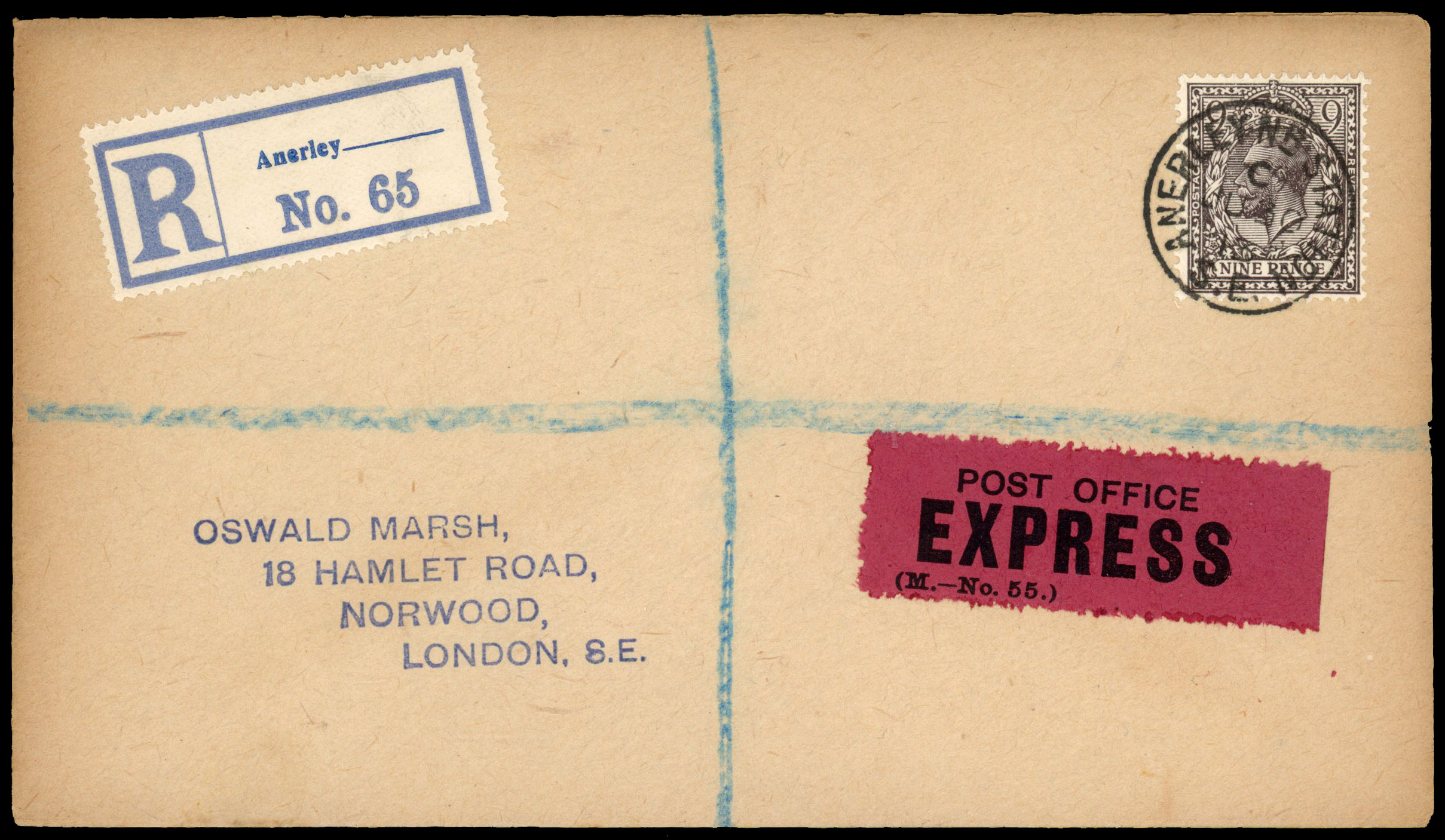 1913 9d Agate. Very fine used example tied to a plain 'Marsh' registered FDC