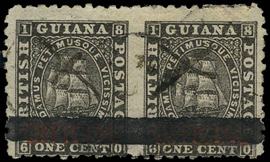 BRITISH GUIANA SG 138a 1878 1c black, horiz bar through "OFFICIAL", horiz pair ERROR IMPERF BETWEEN, used