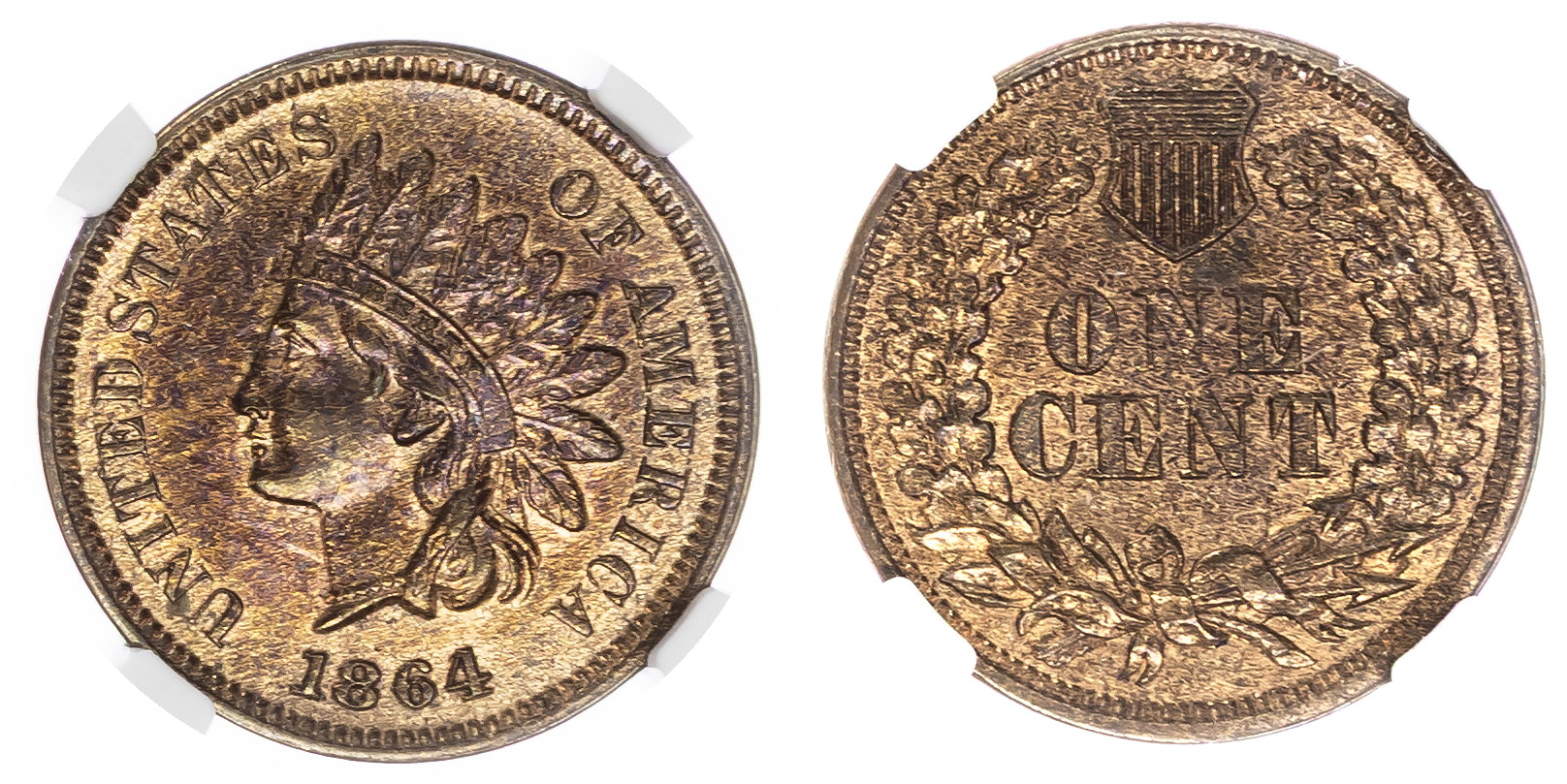 USA , Indian Head bronze Cent, 1864, Philadelphia, with L variety (KM 90a) . In NGC holder graded UNC Details …