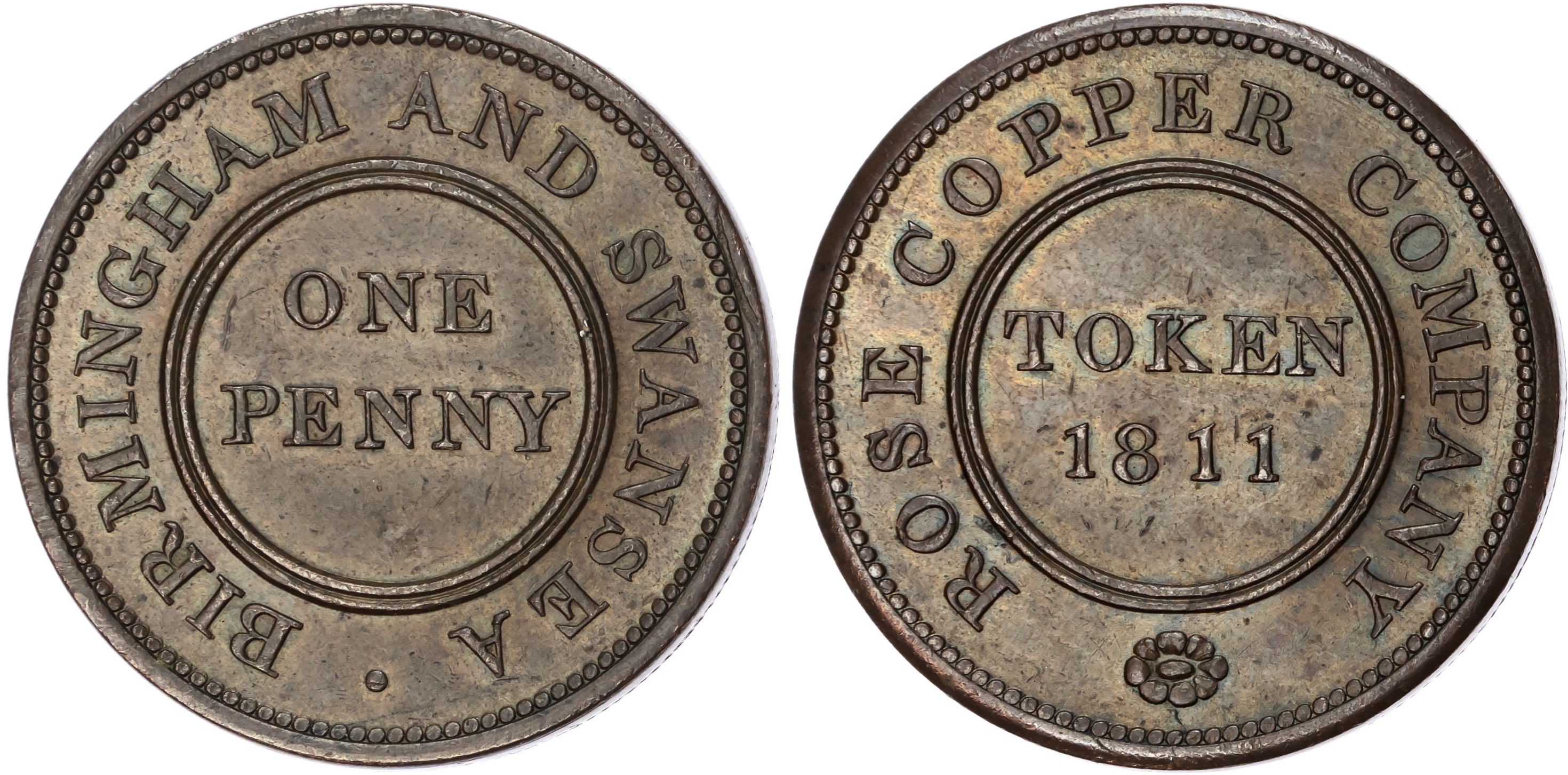 BIRMINGHAM & SWANSEA, Warks. & Glams. Rose Copper Co. Penny 1811, Another but slight difference in spacing, 36…