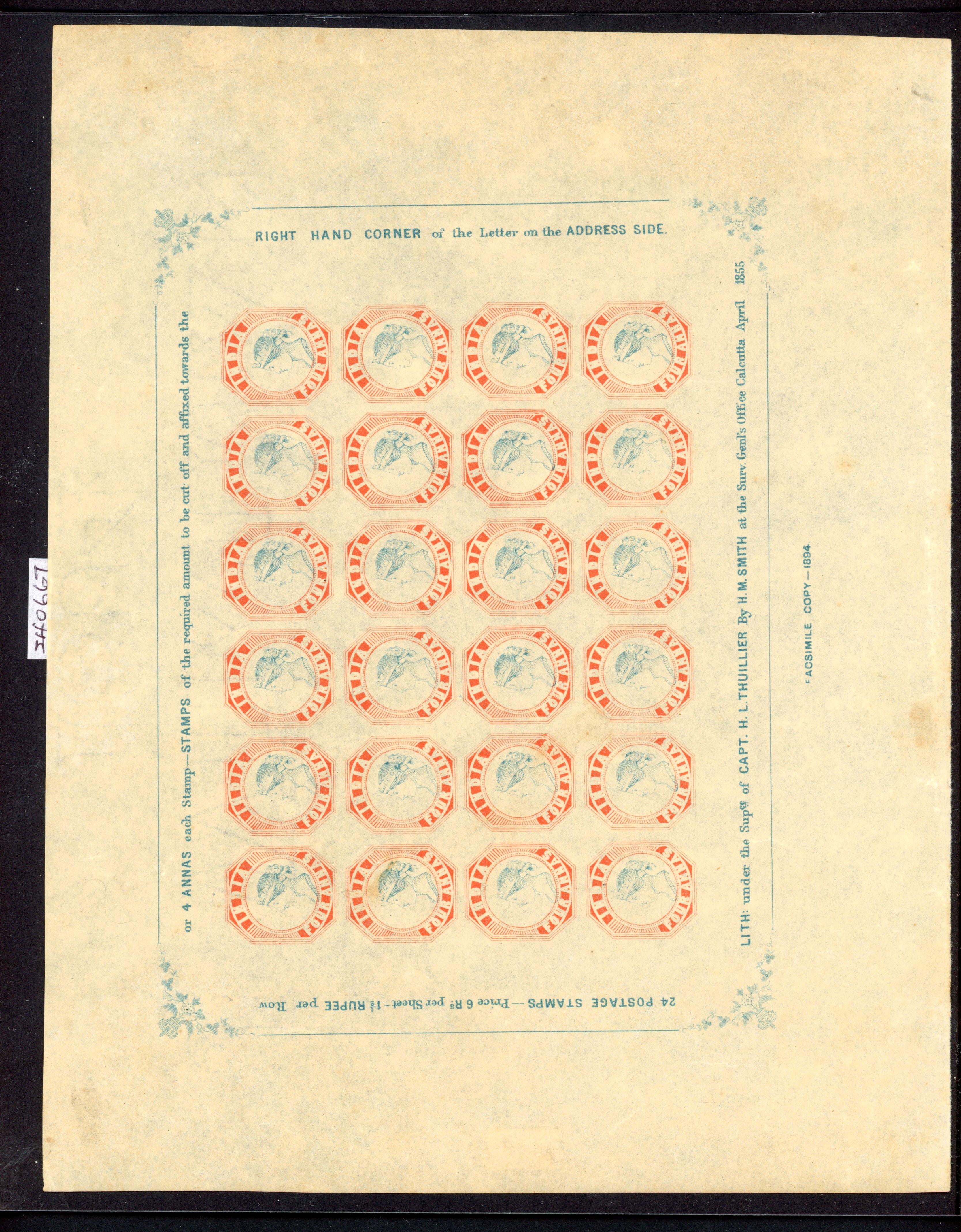 India 1854 reprints; 1891 4a sheet