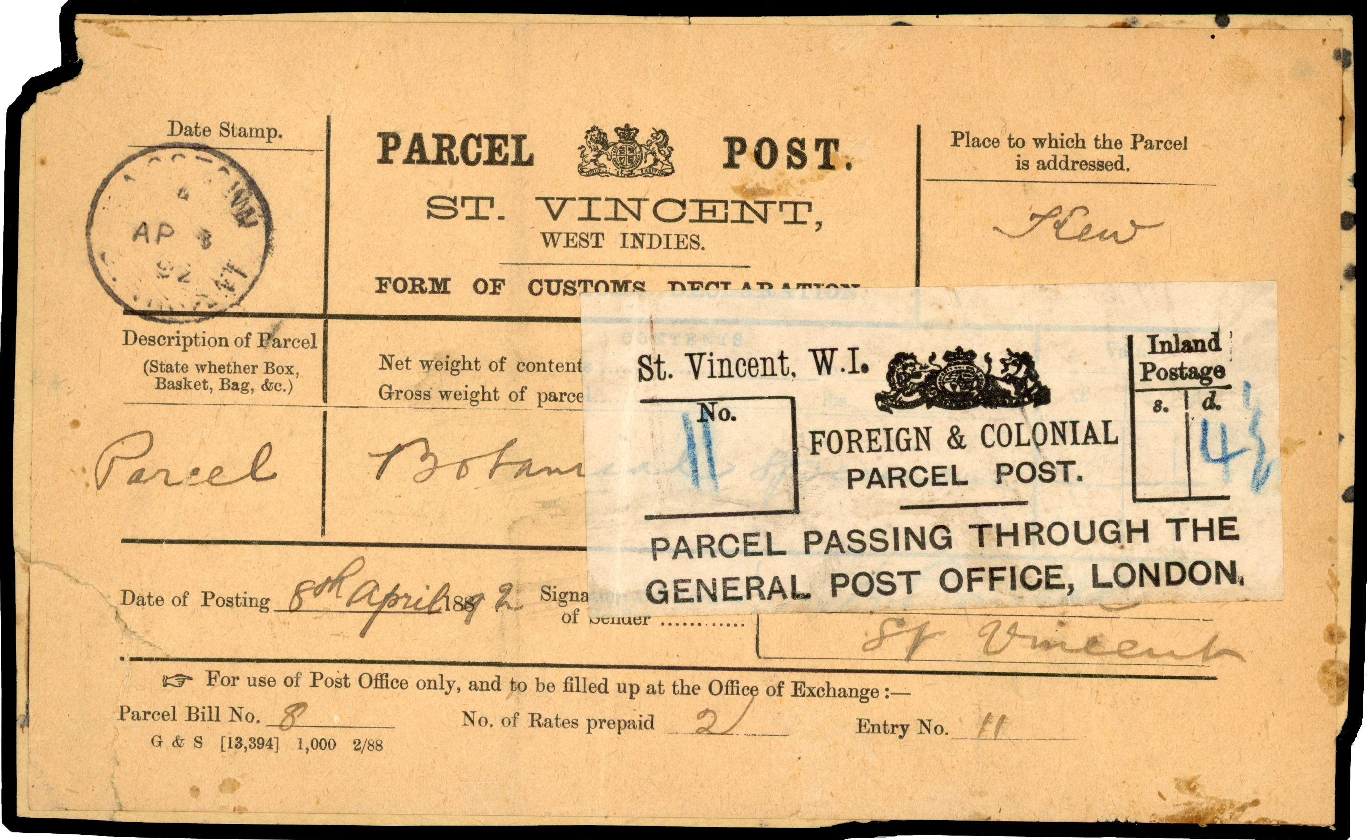 ST VINCENT: 1892 parcel post label used to Kew, England cancelled ‘KINGSTOWN/ST VINCENT/AP 8 92’