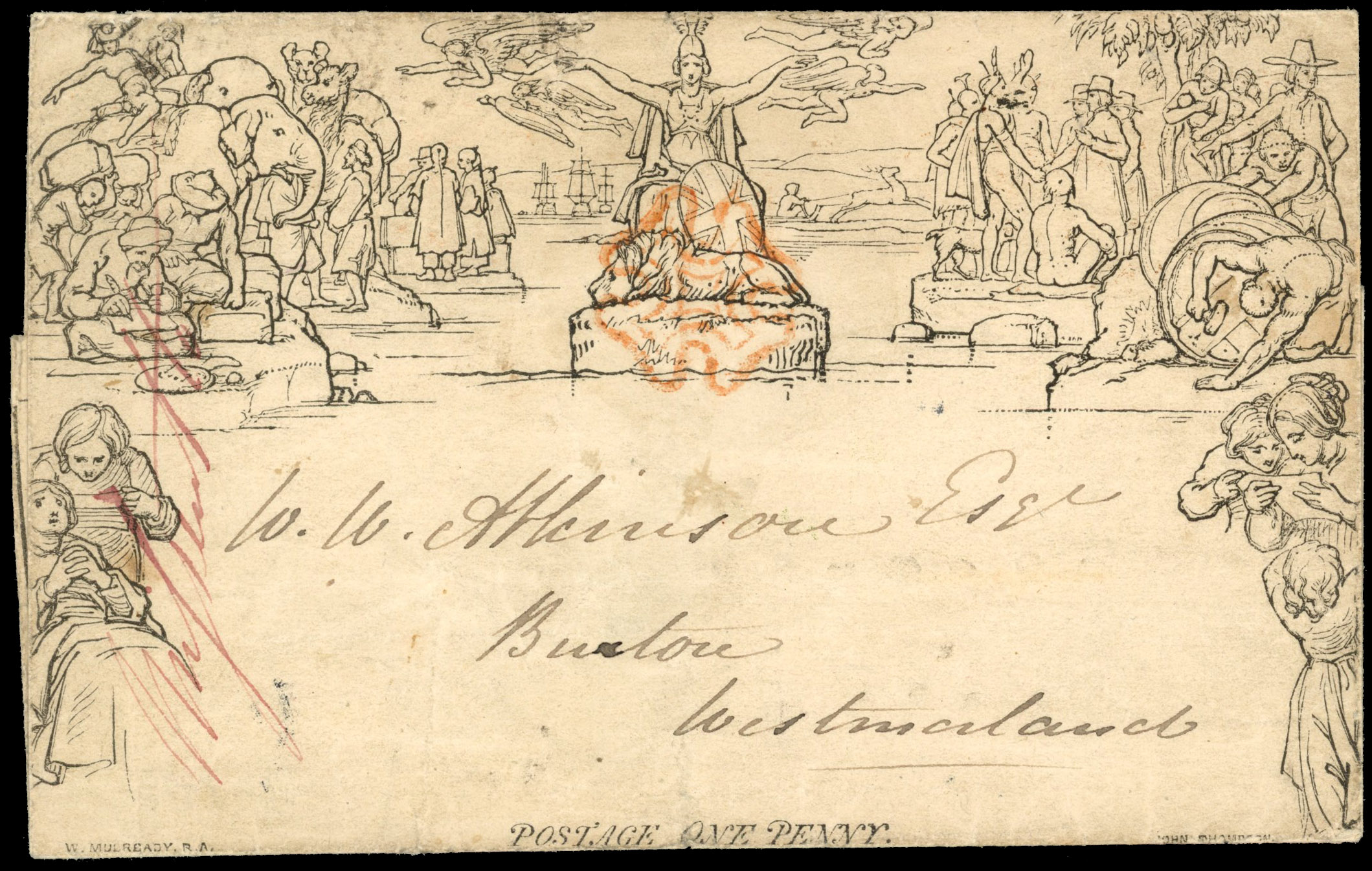 GB: MULREADY: 1840 1d wrapper to Westmorland bearing orange-red Maltese cross