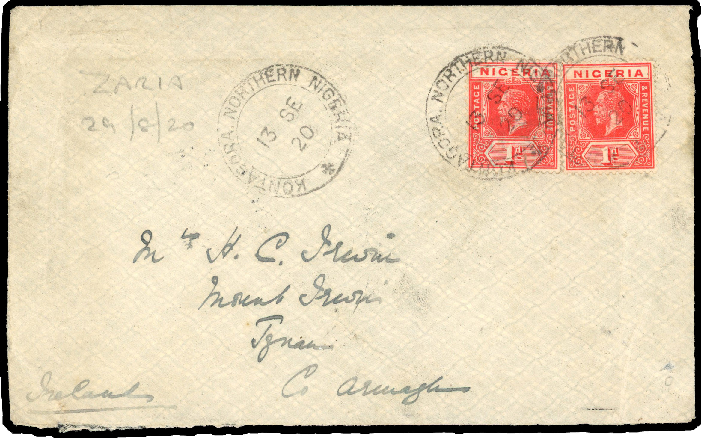 1920 cover to Ireland franked 2 x 1d tied ‘KONTAGORA/NORTHERN NIGERIA/13 SE 20’d/r cds. ADDED TO R2000893/26