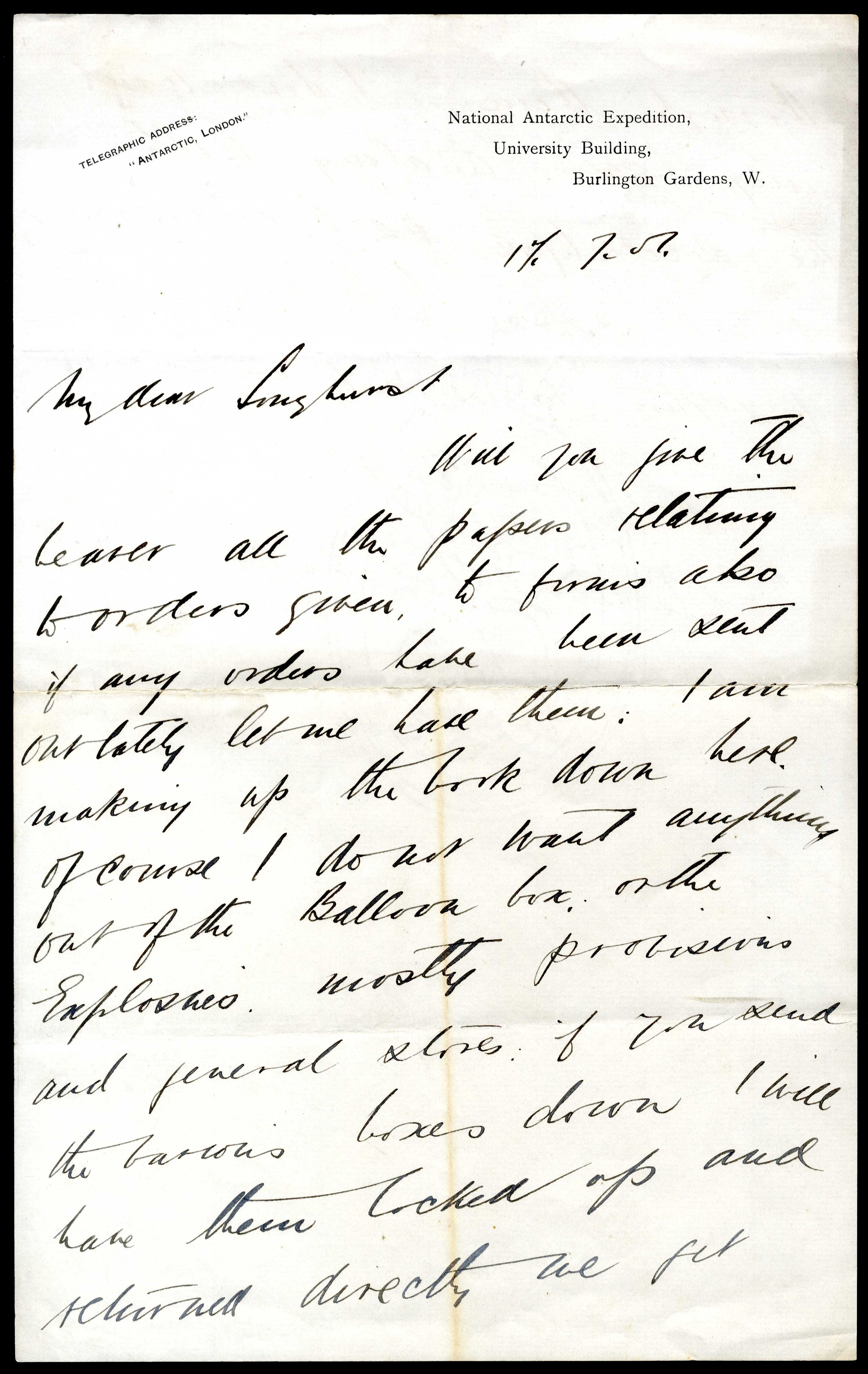Antarctica 1901 handwritten letter from Ernest Shackleton