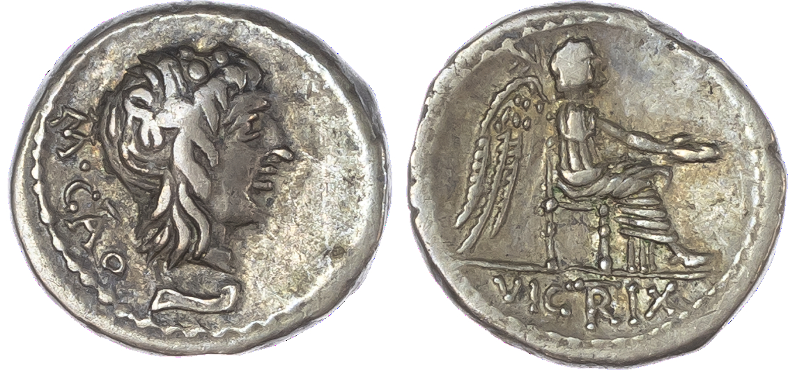 M. Cato (89 BC) AR Quinarius, Rome, 2.12g. M•CATO, head of Liber facing right, wearing a wreath of ivy and fruit, knife