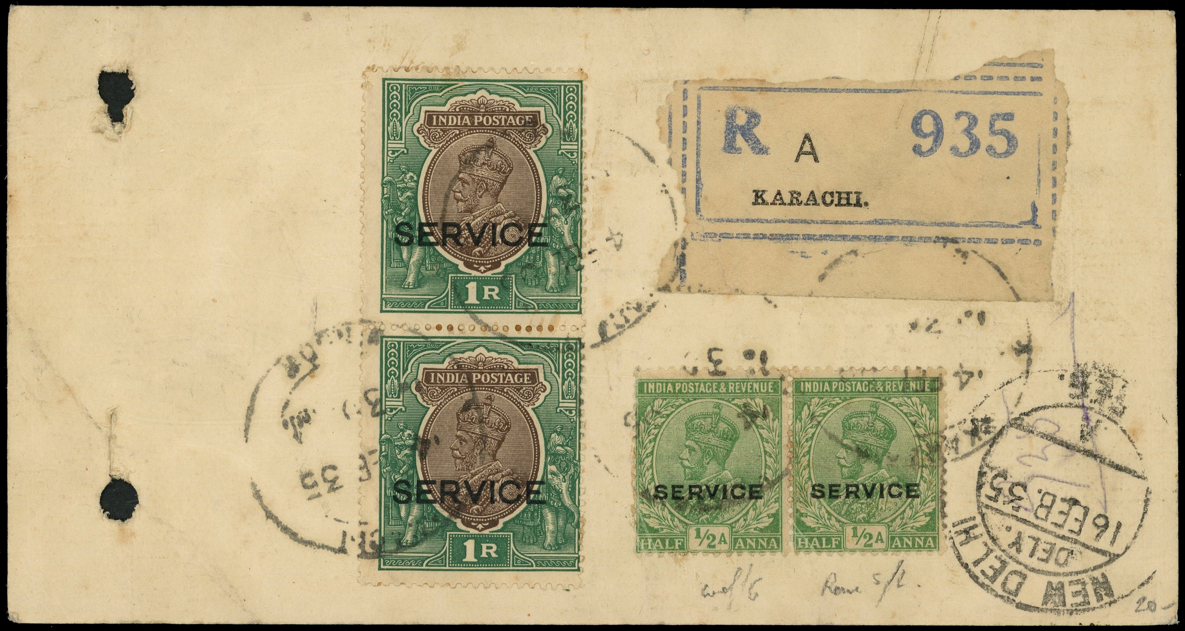 India: POSTAL HISTORY: OFFICIAL: 1935 (14 Feb) registered, printed label, probably for a diplomatic bag,