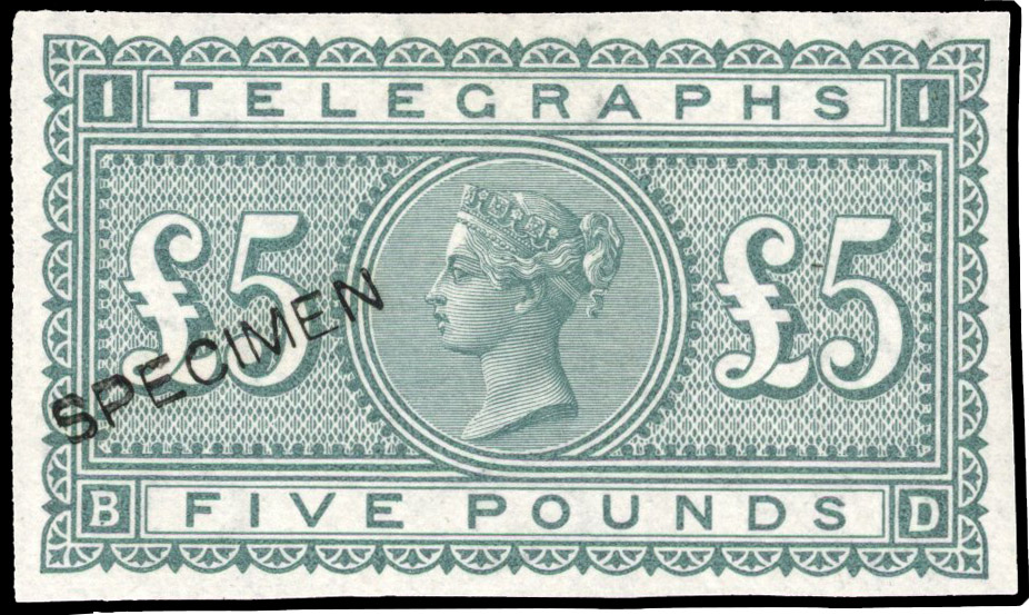 Great Britain Telegraph £5 imperf colour trial in grey-green SG T18var