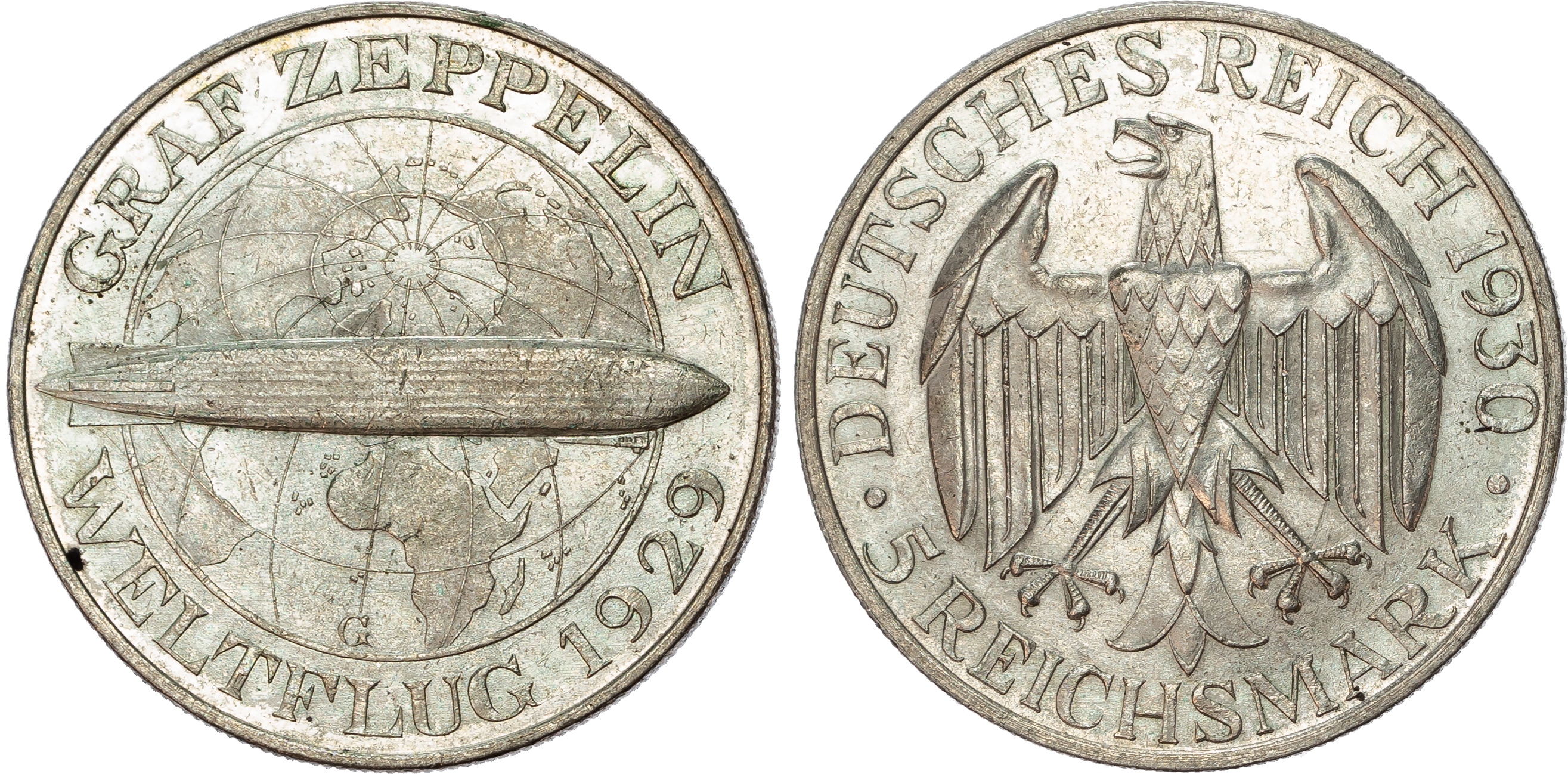 Germany, Weimar Republic (1913-1933), World Flight of the Graf Zeppelin, silver 5 Reichsmark.