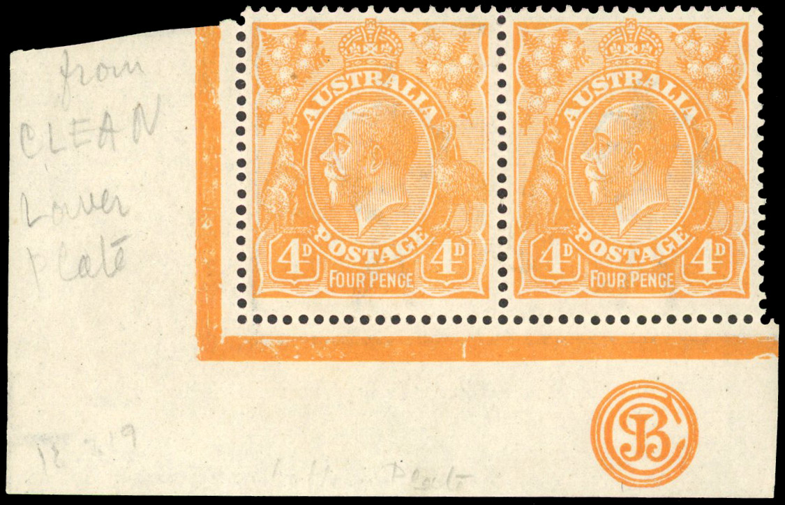 Australia SG 22d 1914-20 4d dull orange monogram pair mint