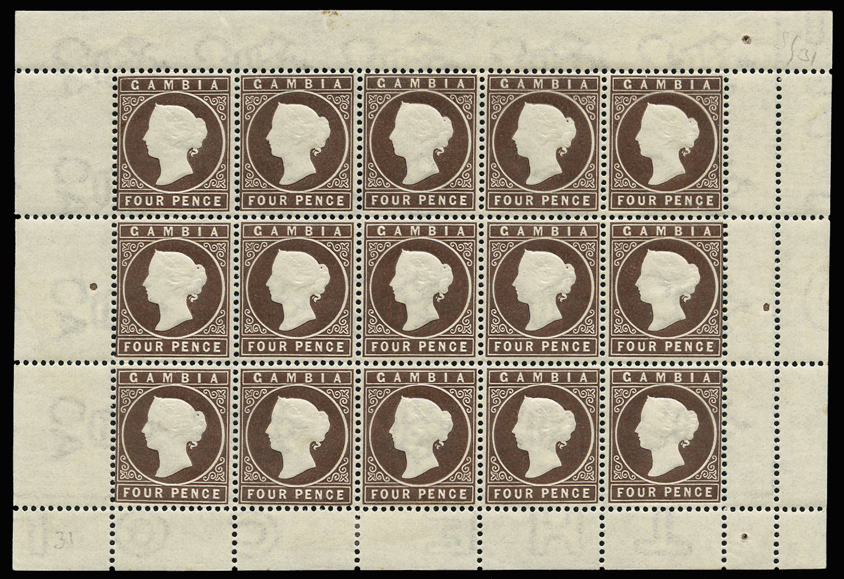 GAMBIA SG 31 1886-93 4d DEEP BROWN WMK CA COMP SHEET