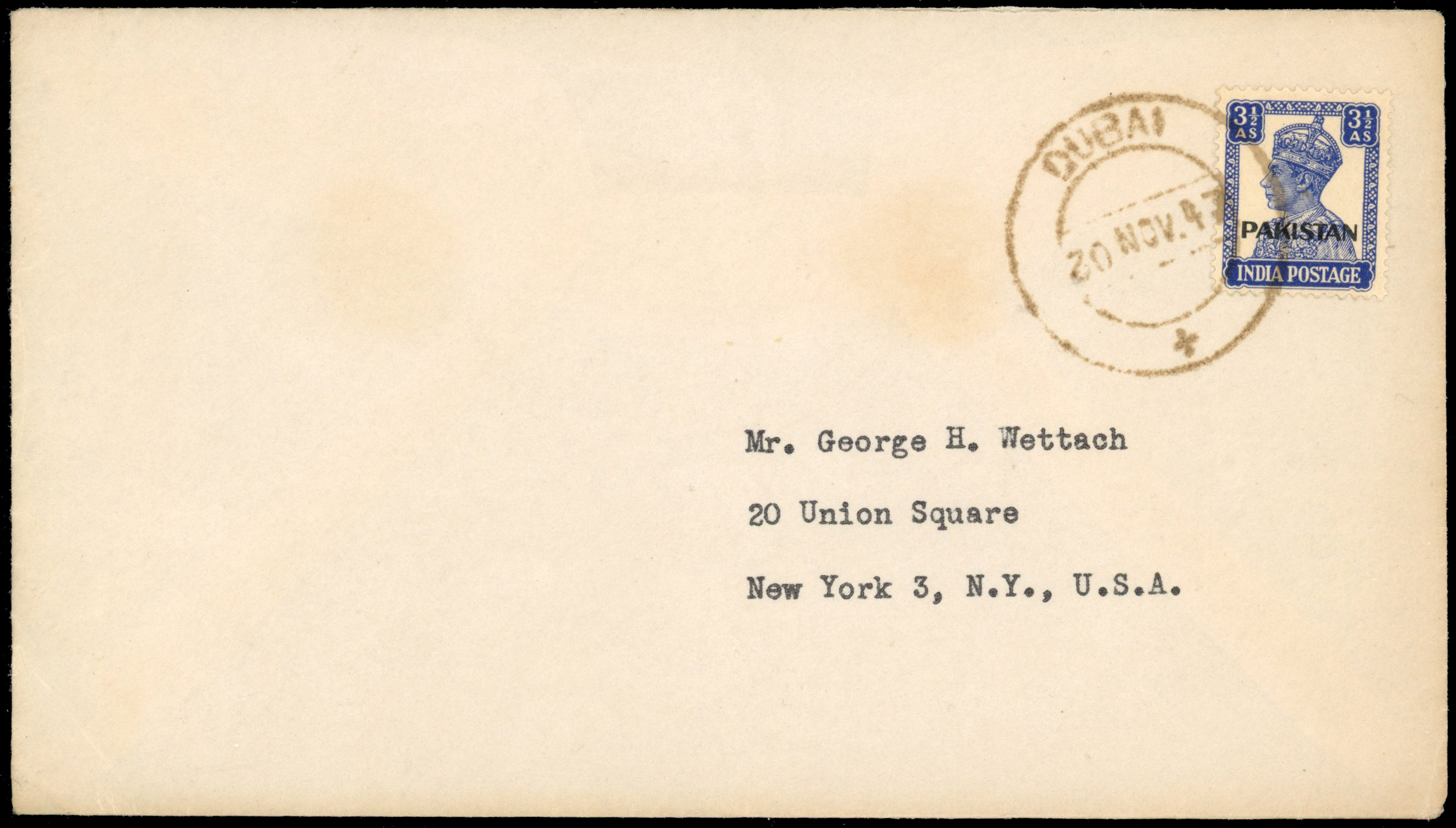 Trucial States 1947 cover from Dubai with Pakistan 3½a bright blue