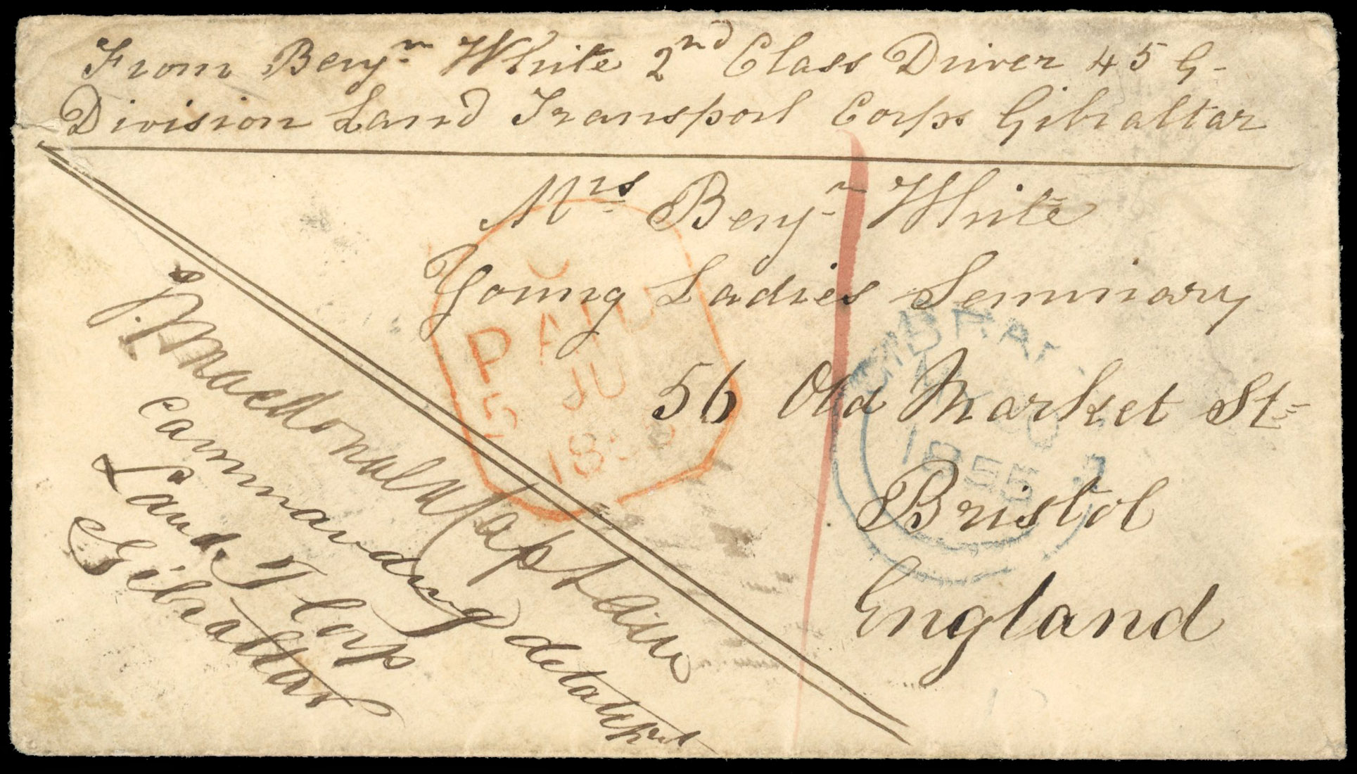 Gibraltar 1855 soldier's envelope to Bristol