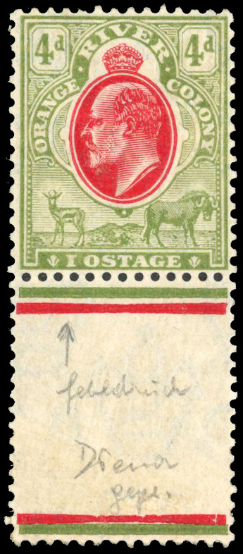 1903 4d scarlet and sage-green interpaneau marginal example showing R. 10/2 ‘IOSTAGE’ for ‘POSTAGE’ iety, part o.g. SG 144a 