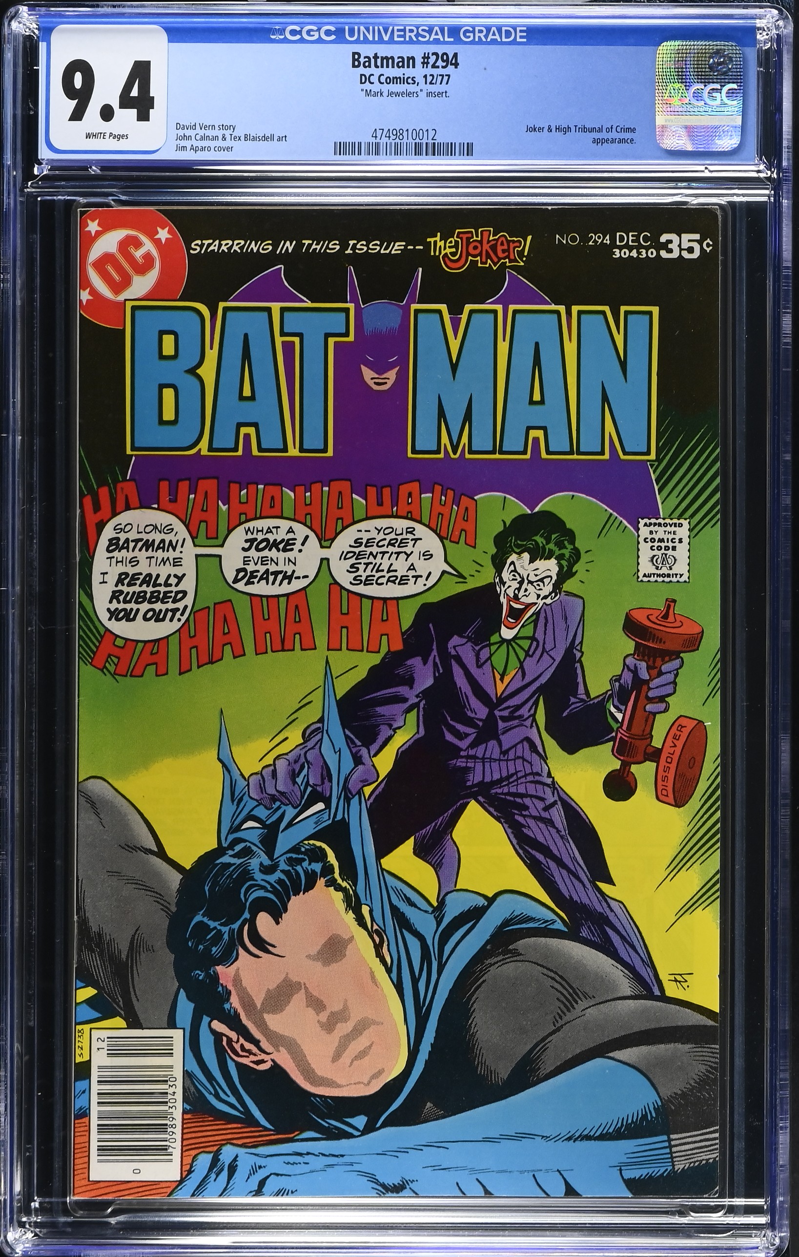 Batman #294 CGC 9.4 "Mark Jewelers" Insert & Joker Cover (DC Comics, 1977) White Pages