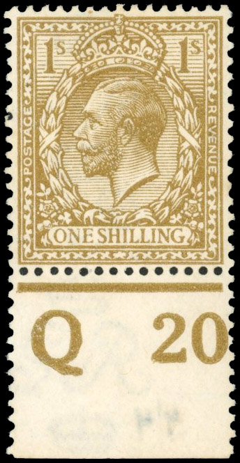 GB: 1912-24 Royal Cypher 1s yellow-brown, mint large part og, marginal control Q20 single