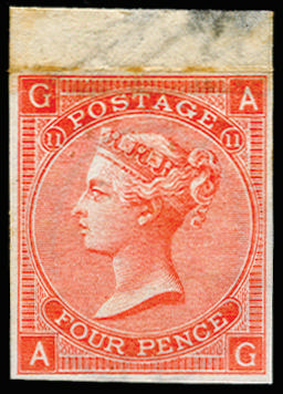Great Britain 1865 4d Vermilion Pl.11. Very fine unused o.g. top marginal imperforate imprimatur lettered AG. Rare…