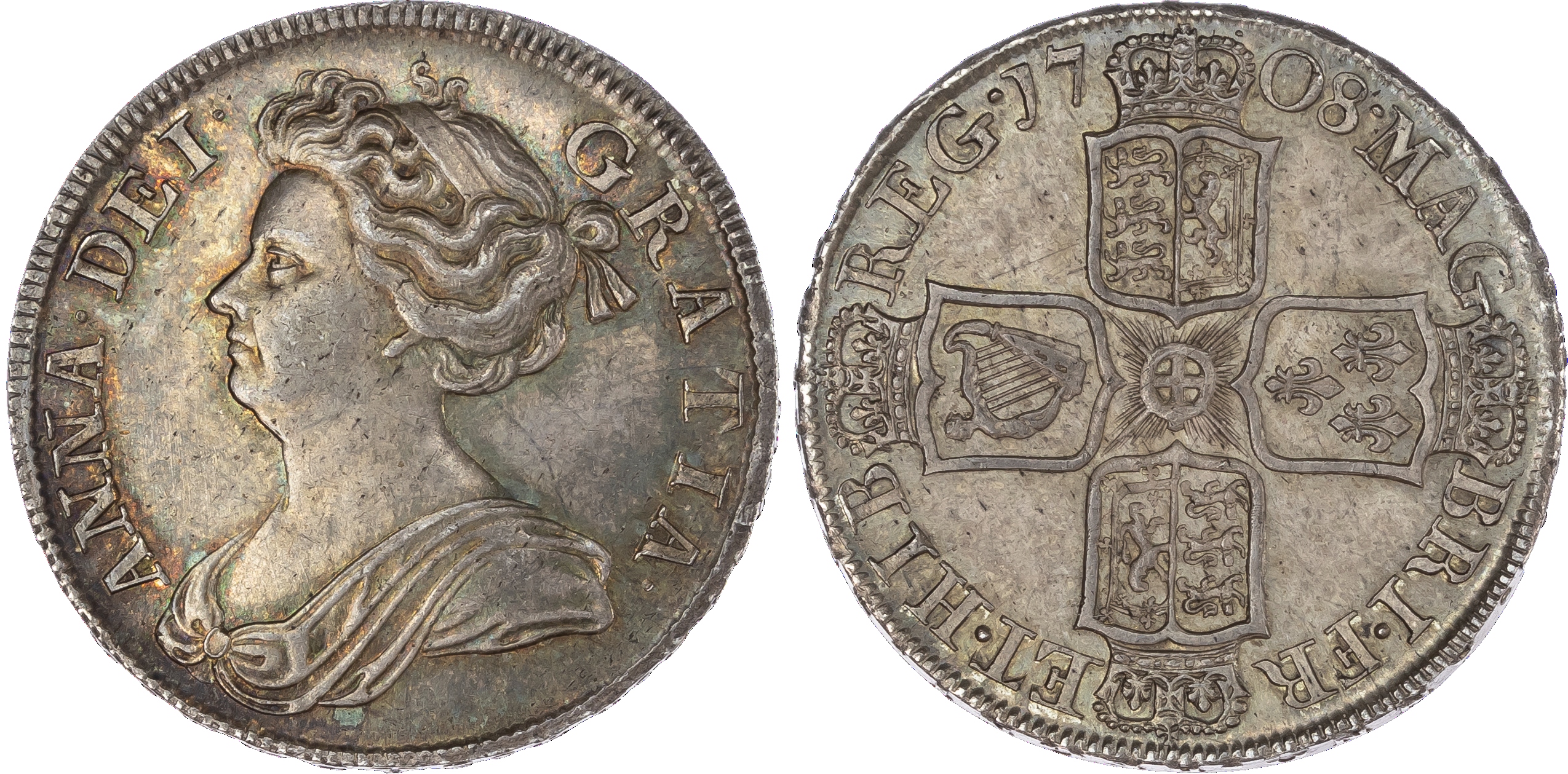 Anne (1702-14), Halfcrown, 1708, second draped bust facing left, legend reads ANNA DEI GRATIA, toothed border both sides.