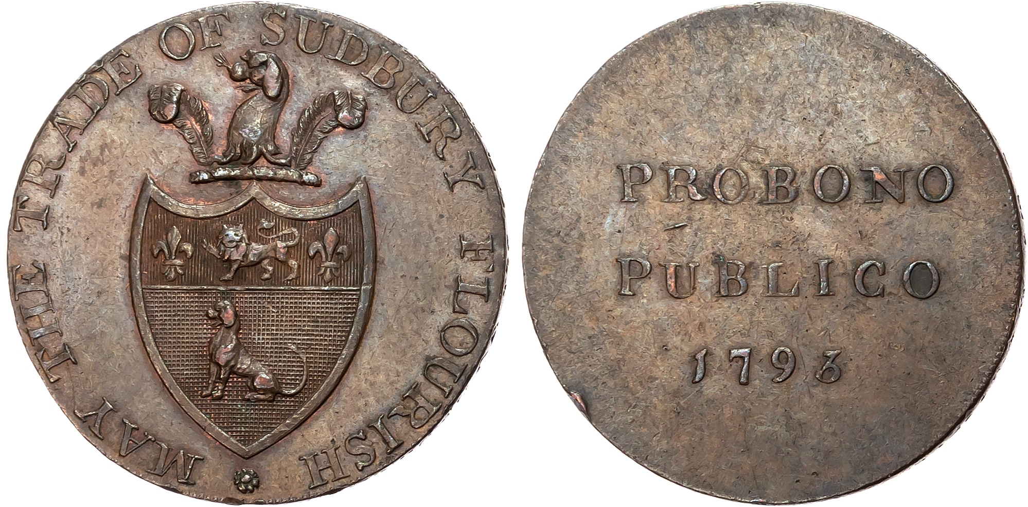 Suff. Sudbury , Thomas Goldsmith & Son (tailor and draper) Halfpenny 1793, Arms of Sudbury, rev. 3-line legend, edge PA …