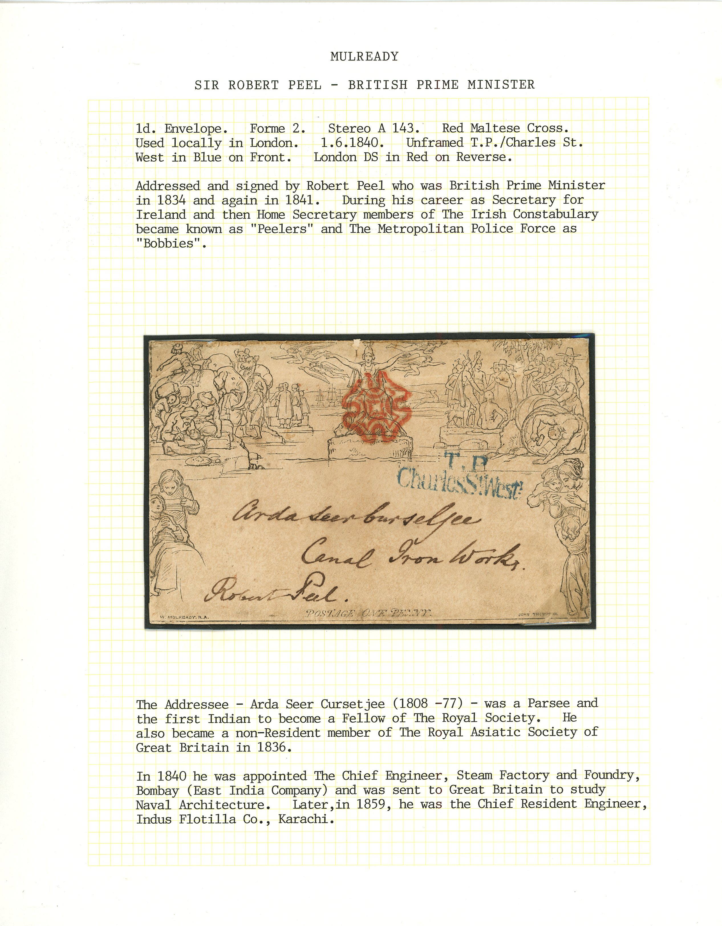 1840 1d black Mulready envelope, stereo A143, forme 2, cancelled neat red...