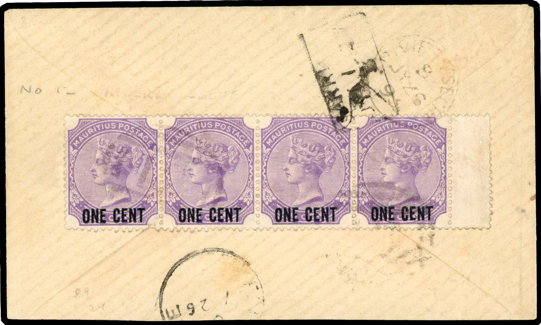 MAURITIUS: 1893 cover to Forest Side bearing strip of 4 xx 1c on 2c, tied by scarce barred numeral ‘12’