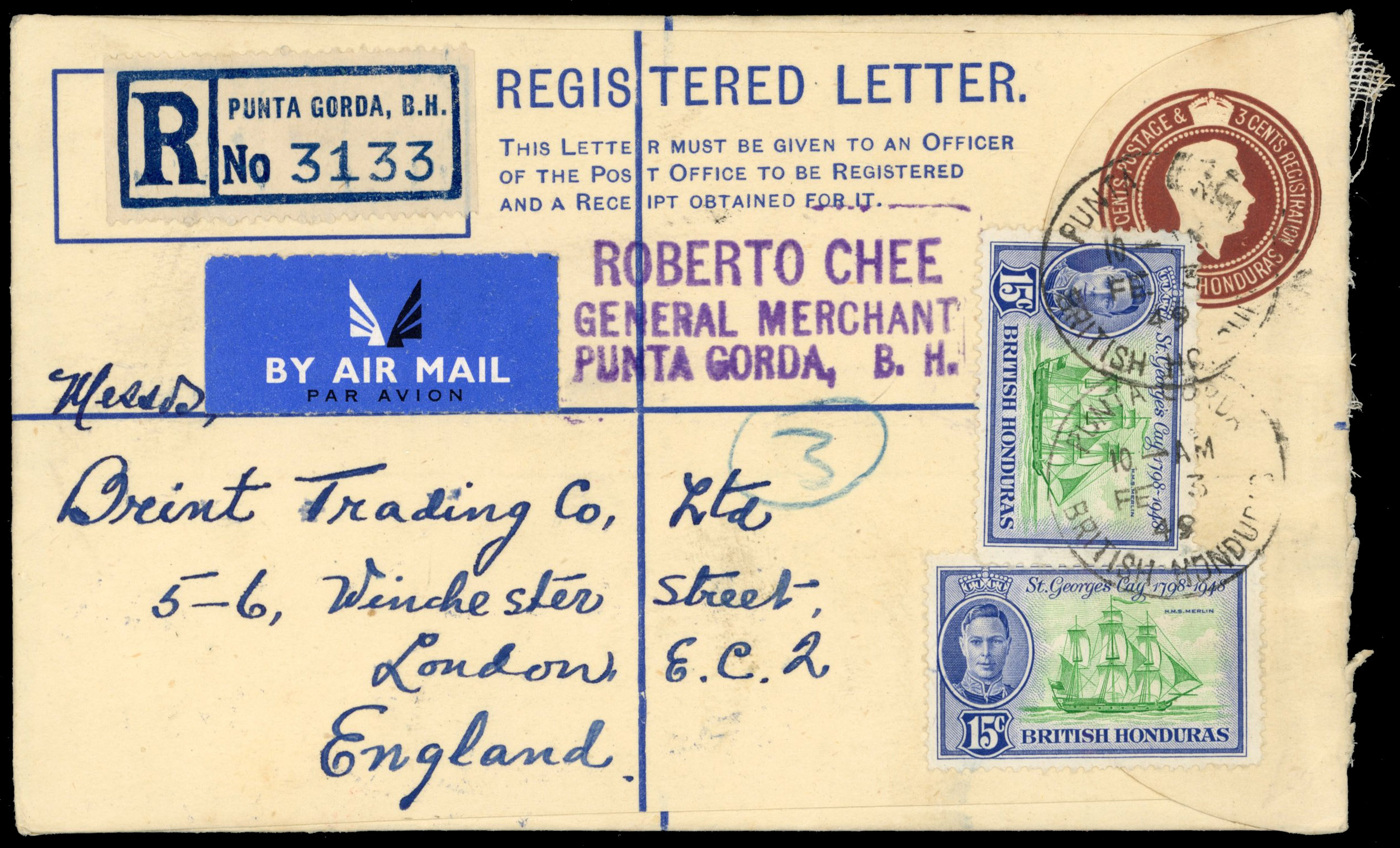 British Honduras 1949 postal stationery envelope used