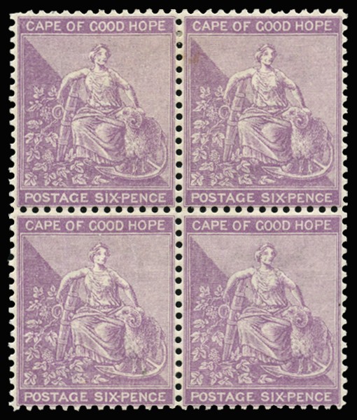 1882-83 6d mauve, wmk CA, block of 4,...