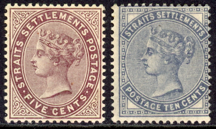 Straits Settlements SG 48/49 1882 5c purple-brown, 10c slate watermark Crown CC