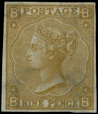 1865 9d Straw Pl.4 (Wmk. Emblems). Very fine unused o.g. imperforate imprimatur lettered BB. Scarce one of only 25 possi…