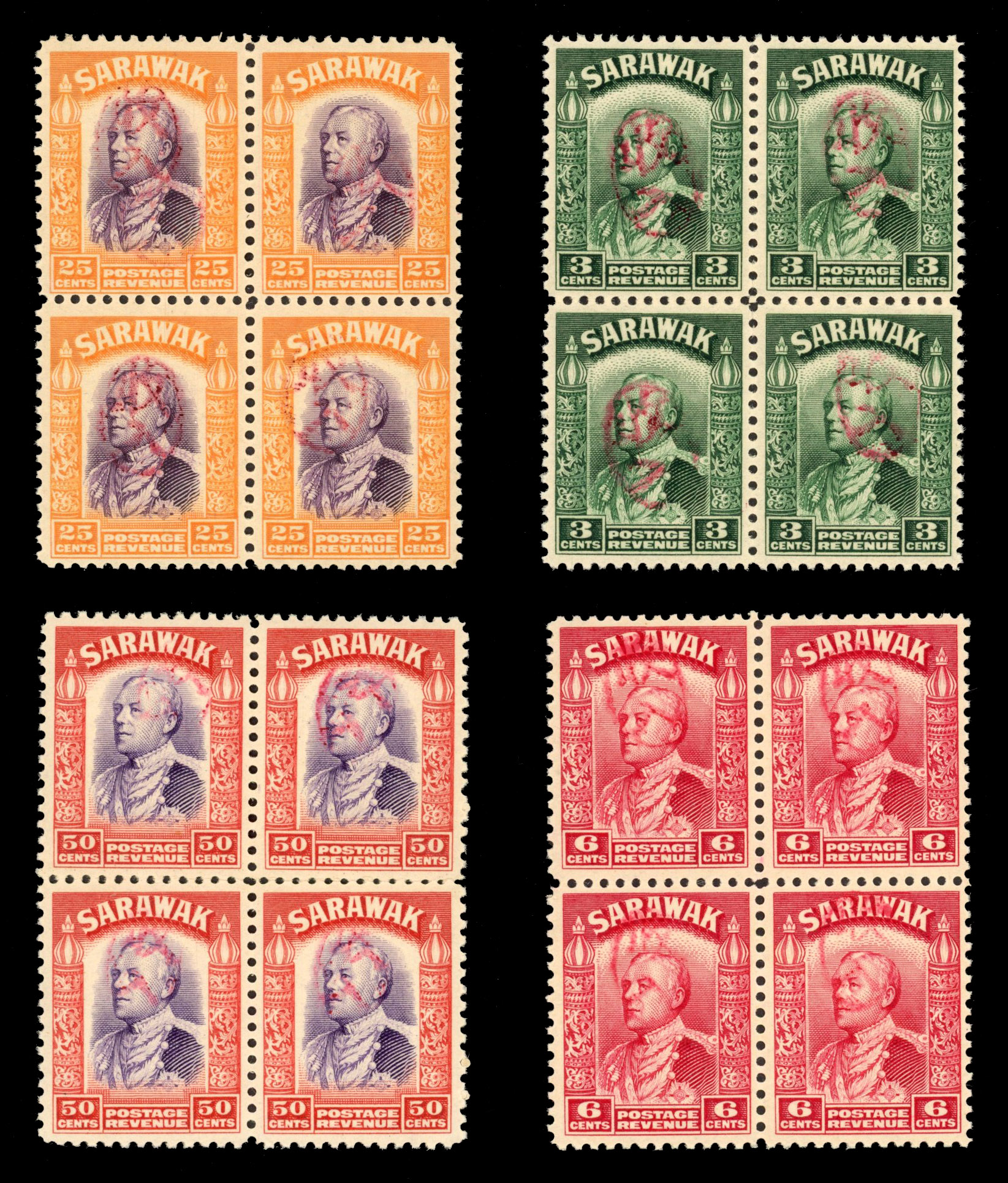 Sarawak Japanese Occupation REVENUE: 1942 3c, 6c, 25c and 50c mint unmounted block of four overprinted in red