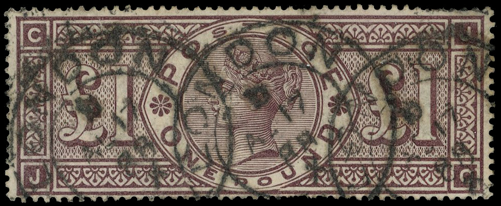 1884 £1 Brown-lilac Pl.2 (Wmk. Crowns). Fine used example lettered JC, showing frame break variety associated with this …