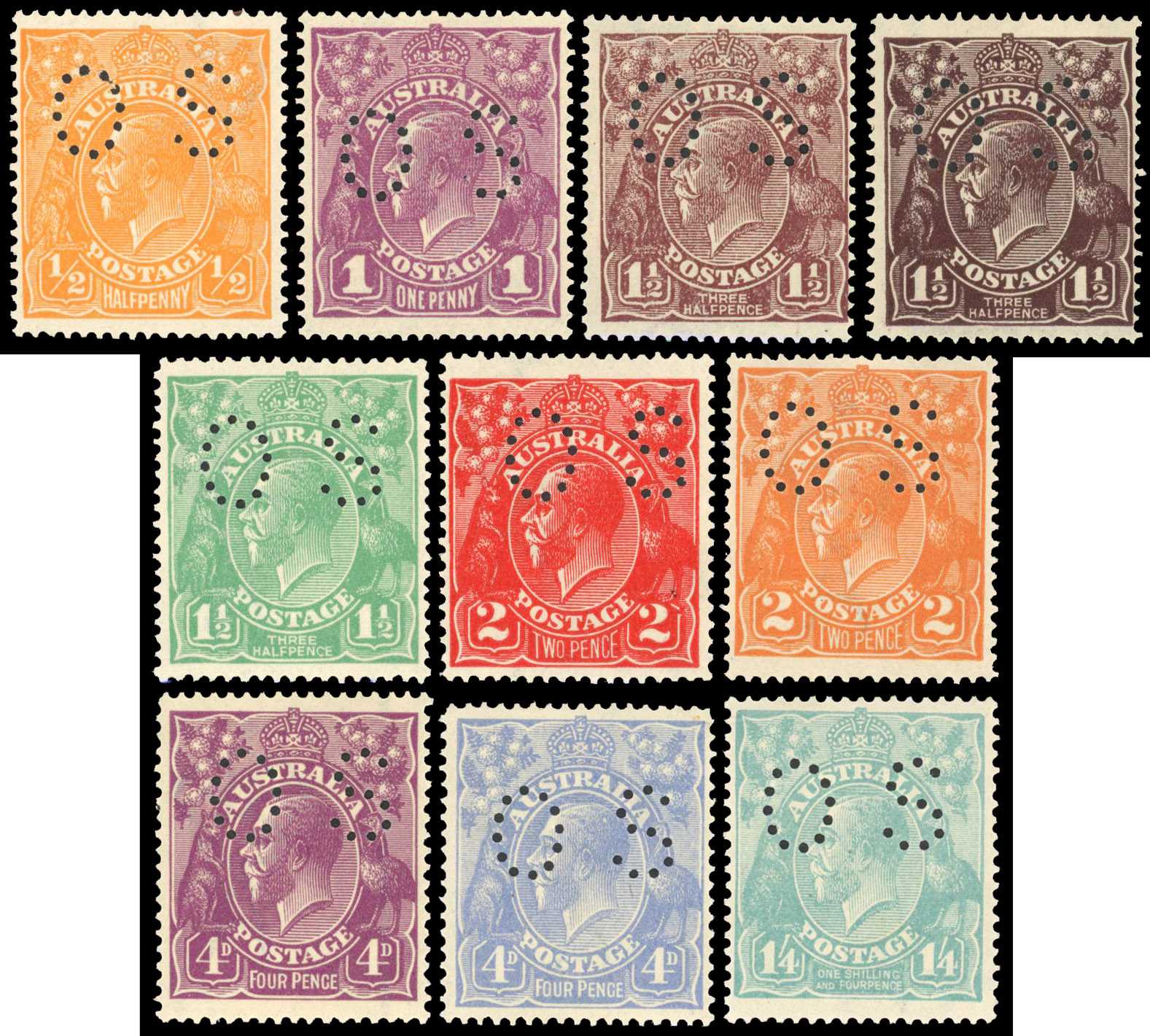 Australia 1918-23 official set of 10 to 1s4d