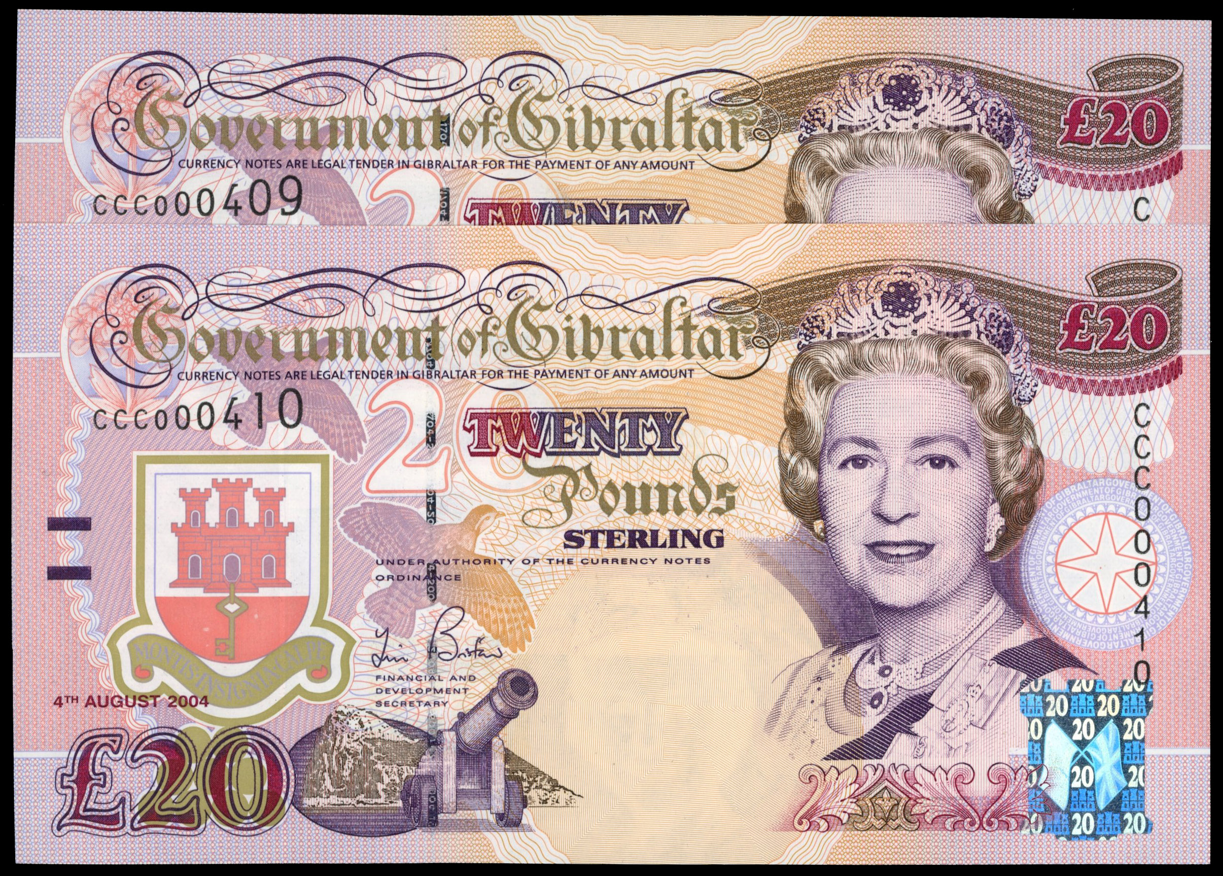 Gibraltar, Government, Twenty Pounds, 4 Aug. 2004, Bristow, CCC000409; CCC000410. (Pick 31a). Both crisp Uncir…