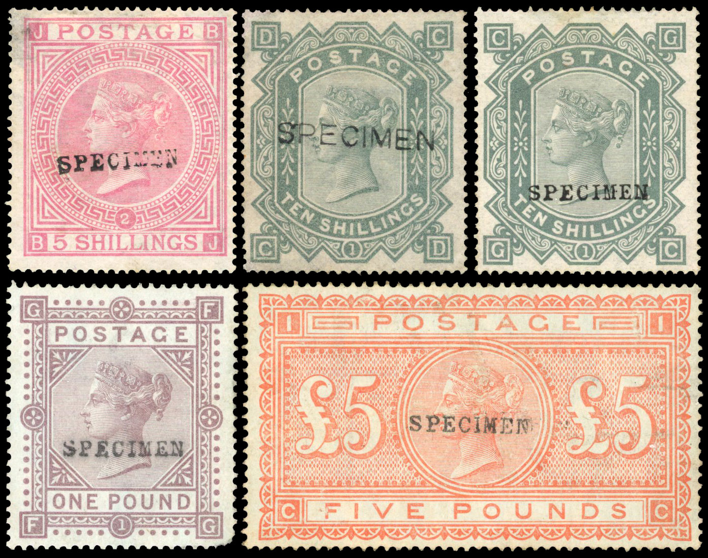 1867-83 5s to £5 overprinted 'specimen'