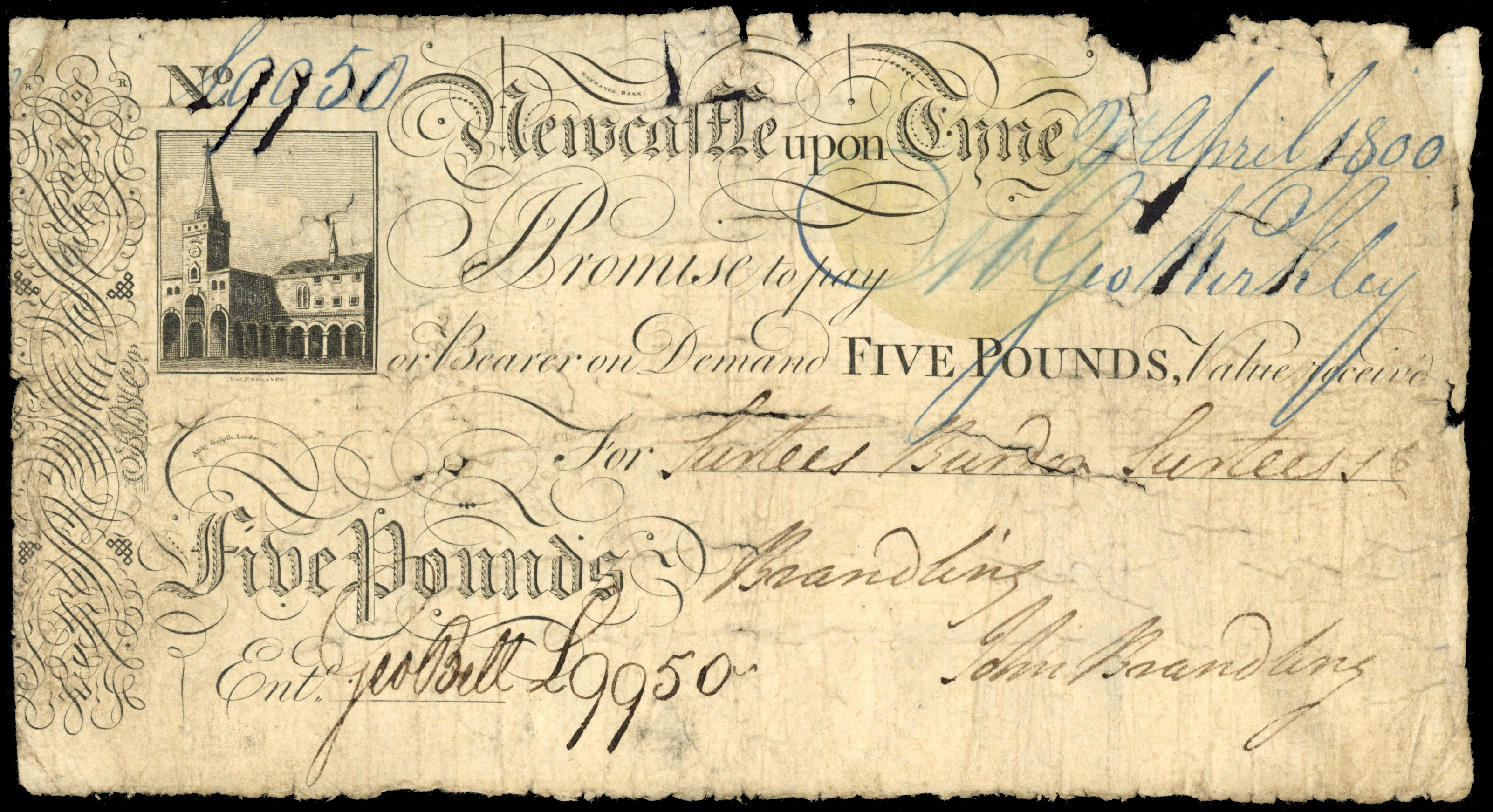NEWCASTLE-UPON-TYNE, Newcastle Exchange Bank, for Surtees, Burdon, Surtees & Brandling, £5.,2 April 1900, seri…