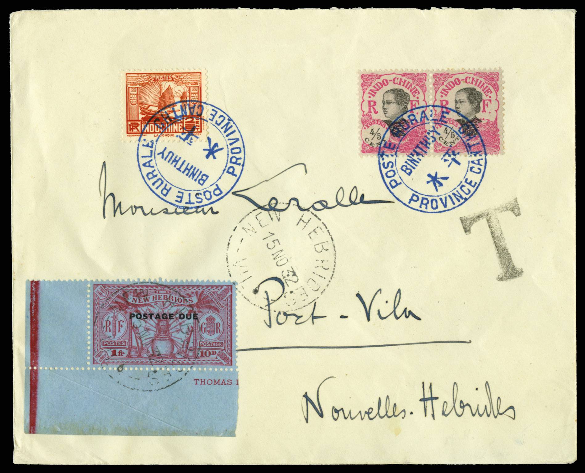 NEW HEBRIDES SG D5 1932 INCOMING POSTAGE DUE COVER