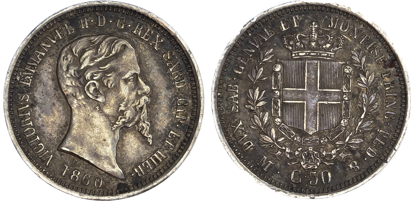 Italy, Sardinia. Vittorio Emanuele II AG 50 Centimes. 1860 FM.