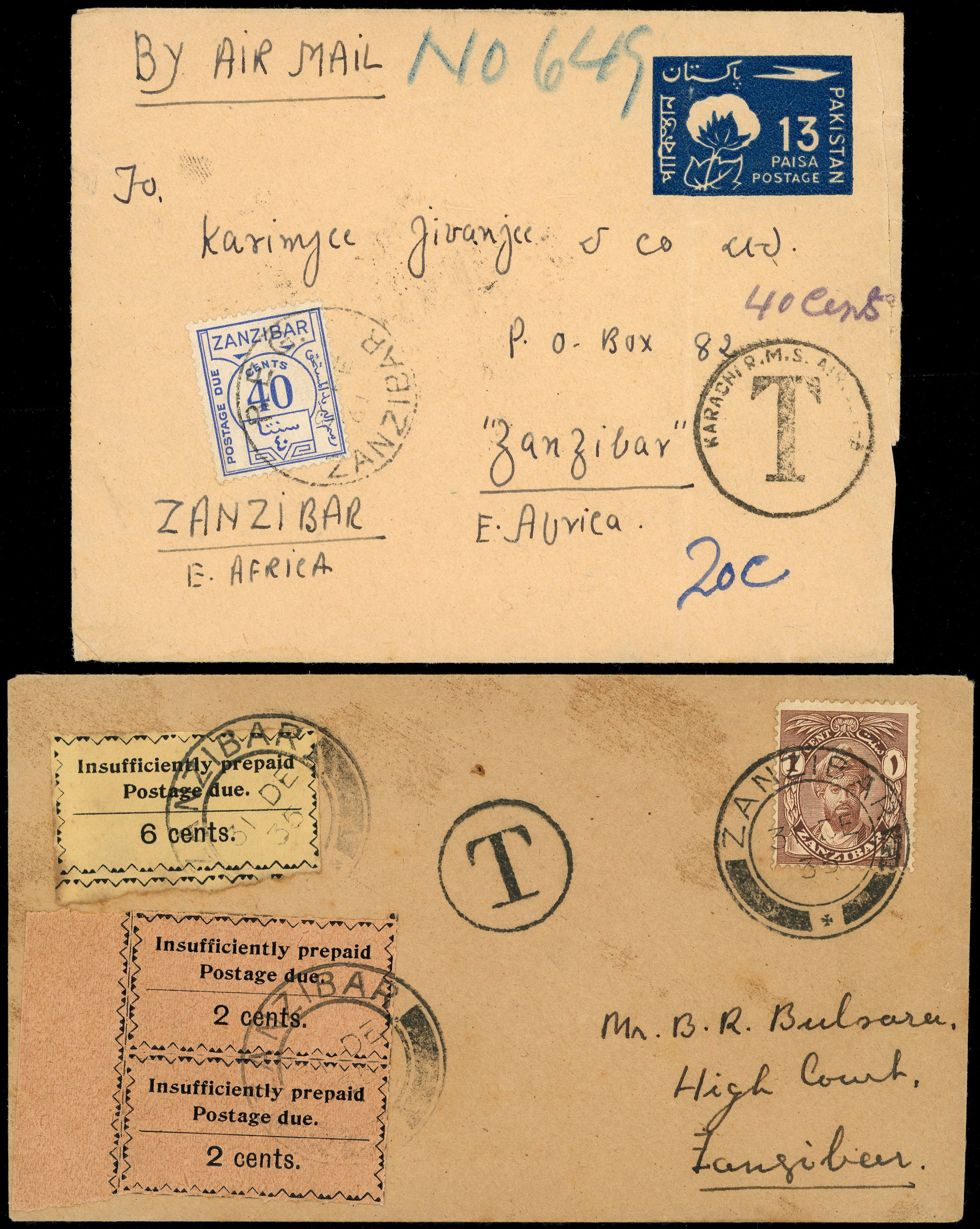 ZANZIBAR: Two covers: 1935 locally addressed cover to “Mr. B. R. Bulsara" (the father of Freddie Mercury),