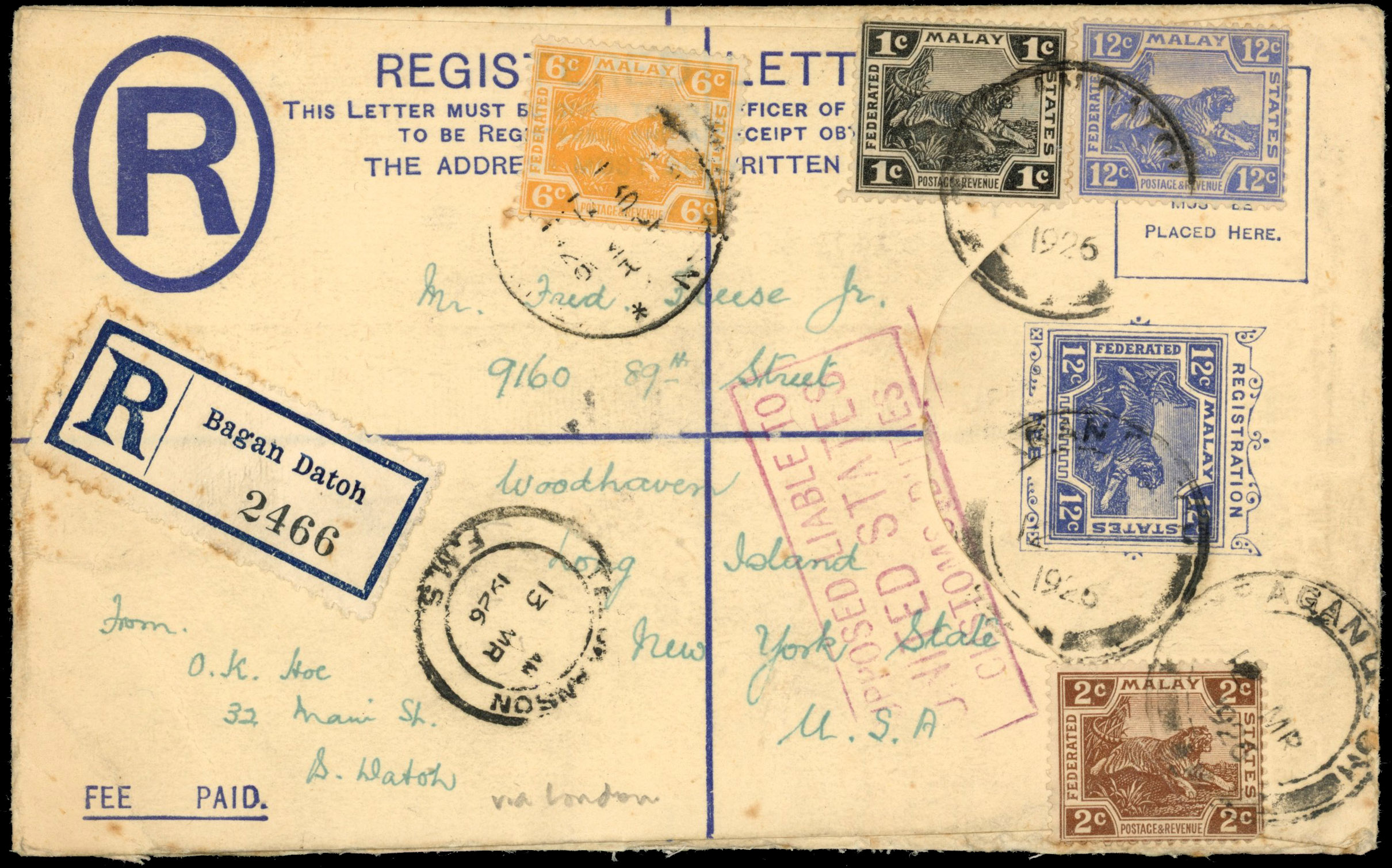 Malaya - FMS 1926 12c registered letter envelope to USA franked by SG 53, 54, 63, 68.