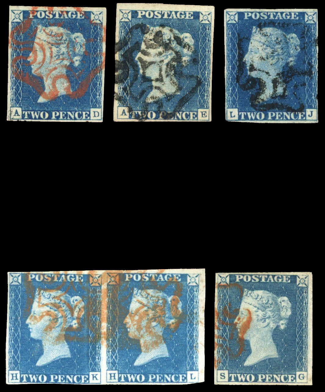 1840 2d blue, plate 1, five singles and a horizontal pair, all with four margins