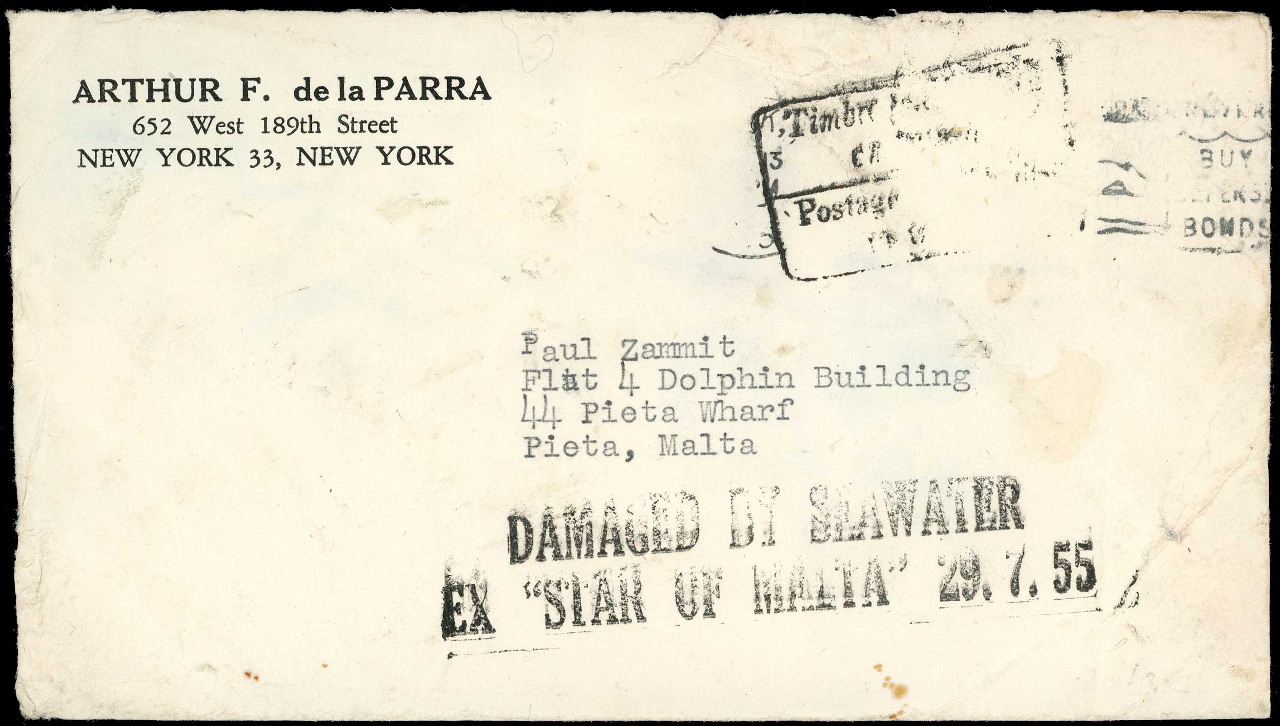 USA: 1955 cover from New York to Malta...