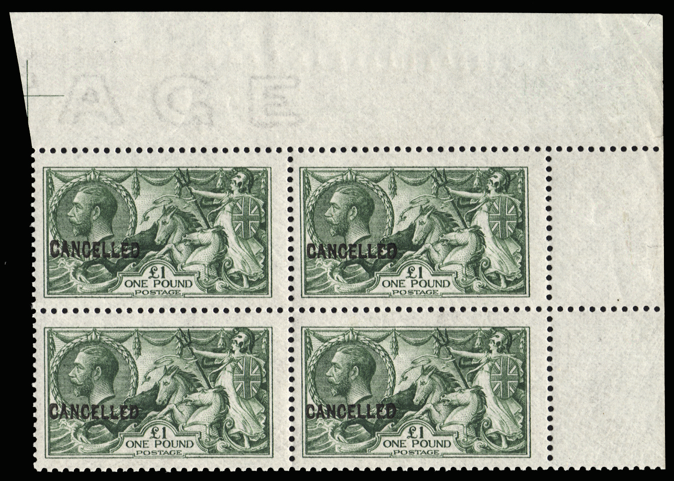 GB SG403var 1913 £1 Yellowish green (Colour trial). block 4